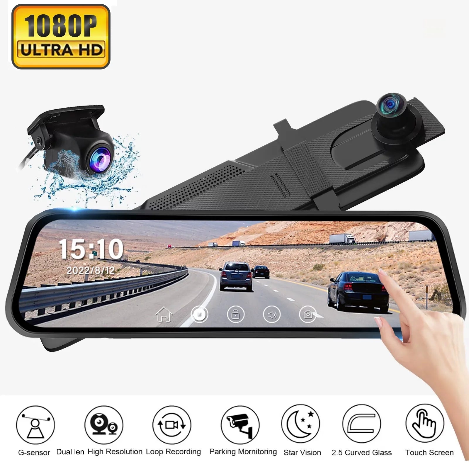 Erago Rear View Mirror Camera, Dash Cam Front and Rear Full Touch Screen  FHD 1080p for Car , Waterproof Backup WDR Camera, Night Vision, G-Sensor, Parking Moniter