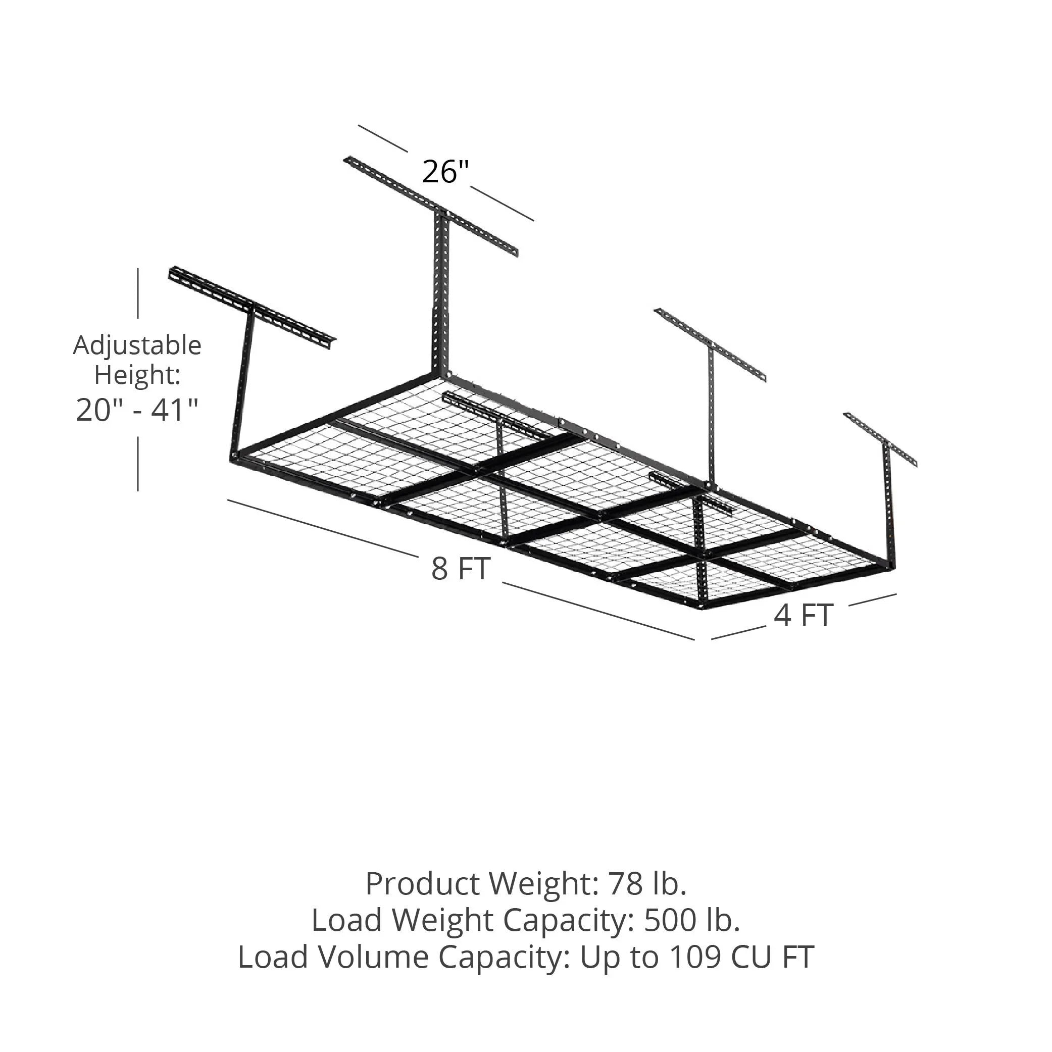 Titan Attachments 4' x 8' Overhead Garage Storage Rack, 20" to 41" Adjustable Height, Ceiling Mount Organization System, Metal Wire Grid with 500 LB Loading Capacity, Storage for Bikes Equipment Bins