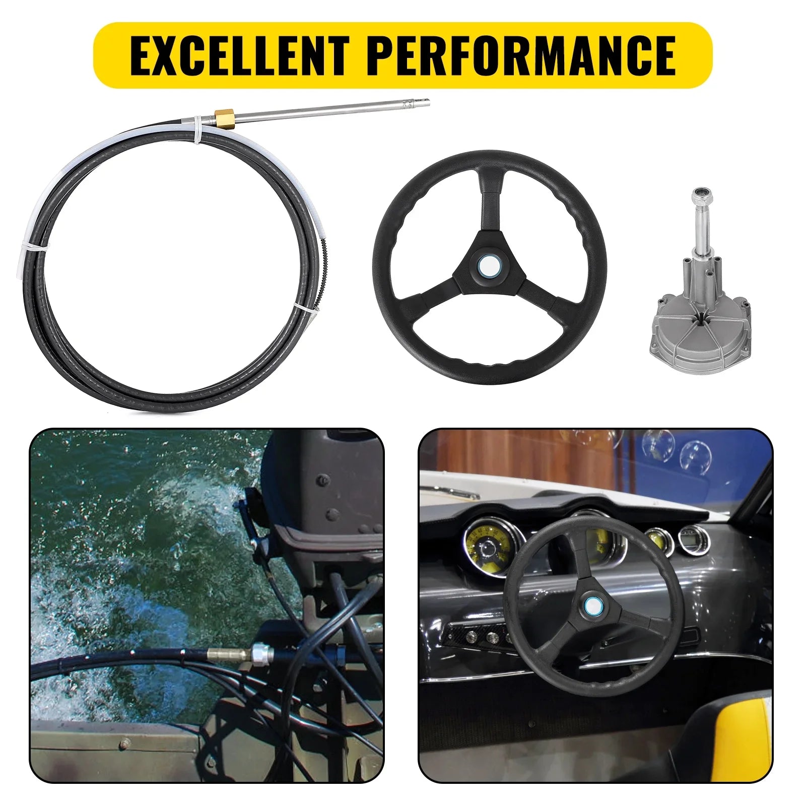 VEVORbrand Boat Steering Cable 12 Ft. Outboard 12 Ft. Mechanical Rotary with 13 In. Wheel, Boat Accessories
