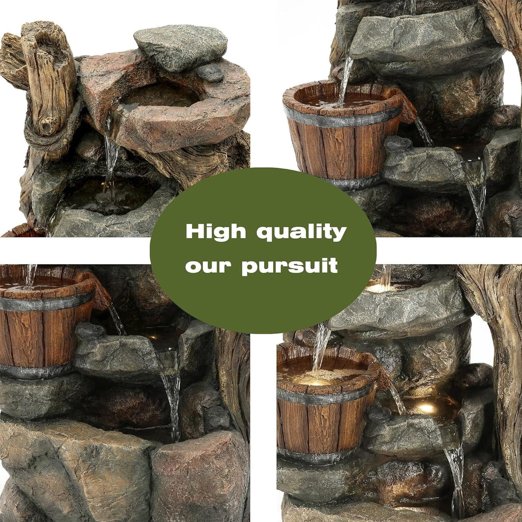 Resin Stacked Rock Wall And Barrel Outdoor Fountain With LED Lights