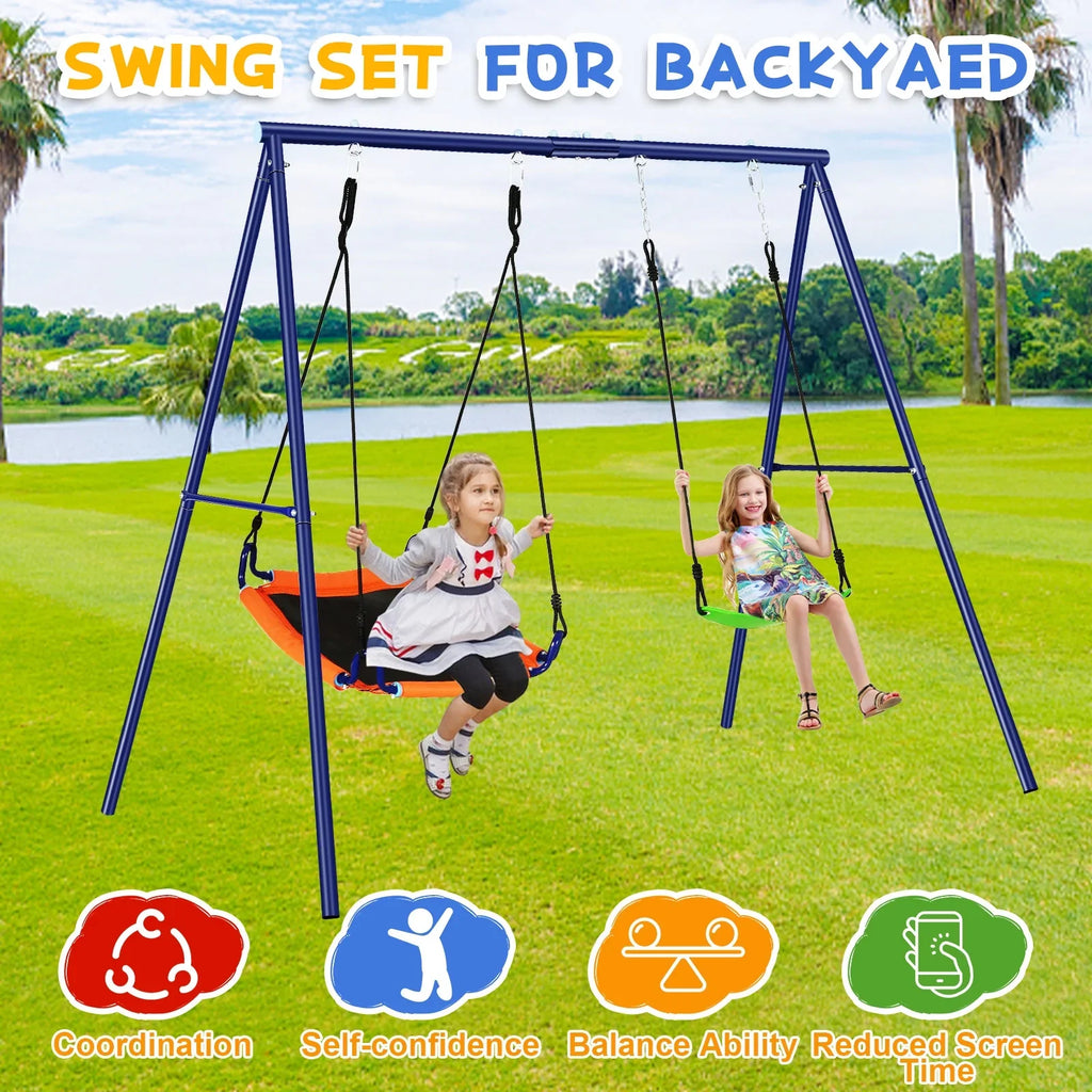 Qhomic 440lbs Swing Set for Backyards, 2-in-1 Outdoor Swing Set  with 1Saucer & 1Belt Swing Seat, Kids Swing Sets with Adjustable Swing Seat
