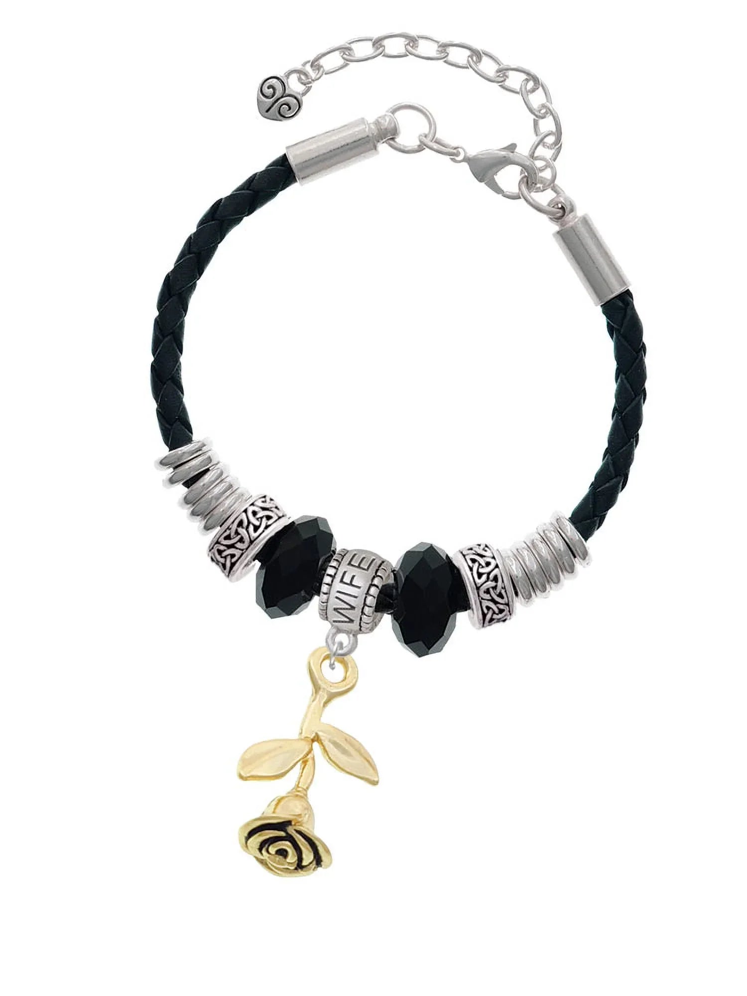 Delight Jewelry Goldtone Stemmed Rose Wife Celtic Knot Leather Bead Bracelet, 7"+2" Extender