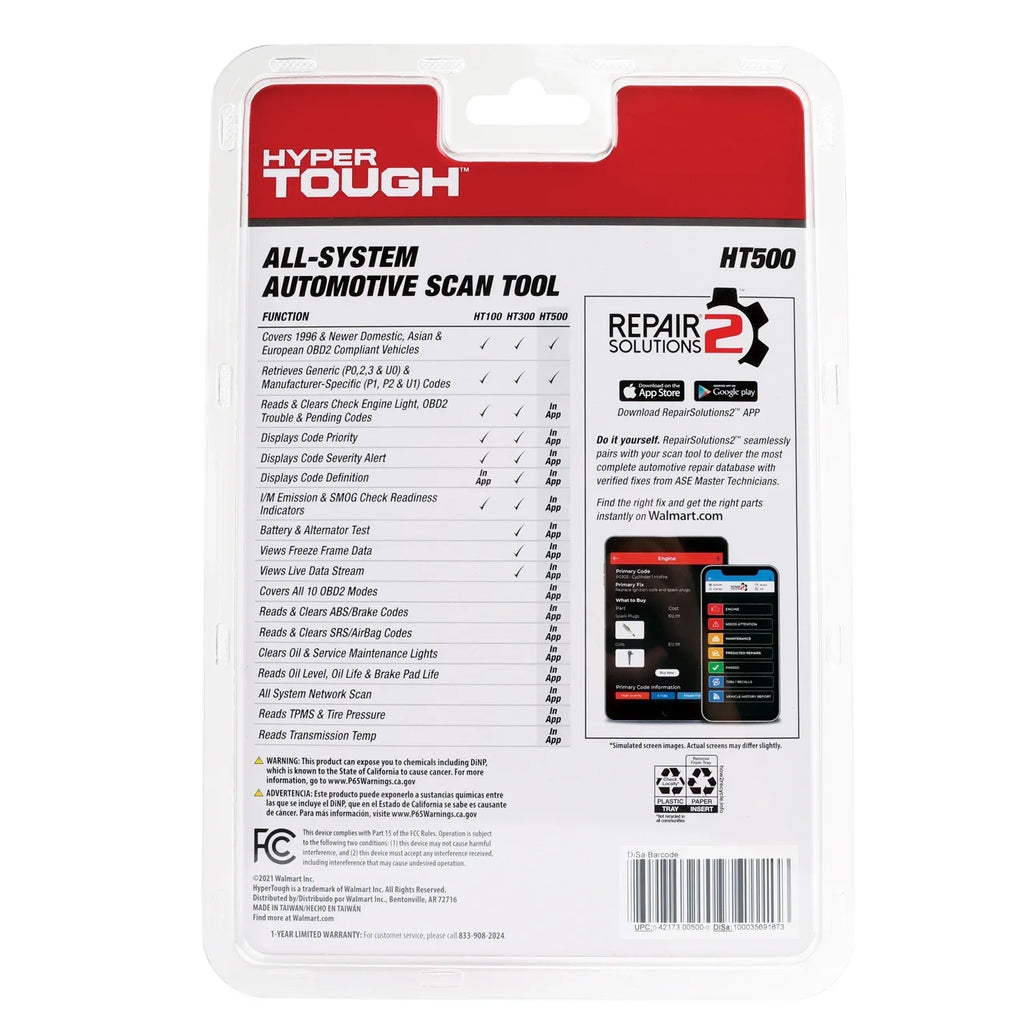 Hyper Tough HT500 Bluetooth Scan Tool, 1996 & Newer OBD2 Vehicles, Free Fix & Part Recommendations