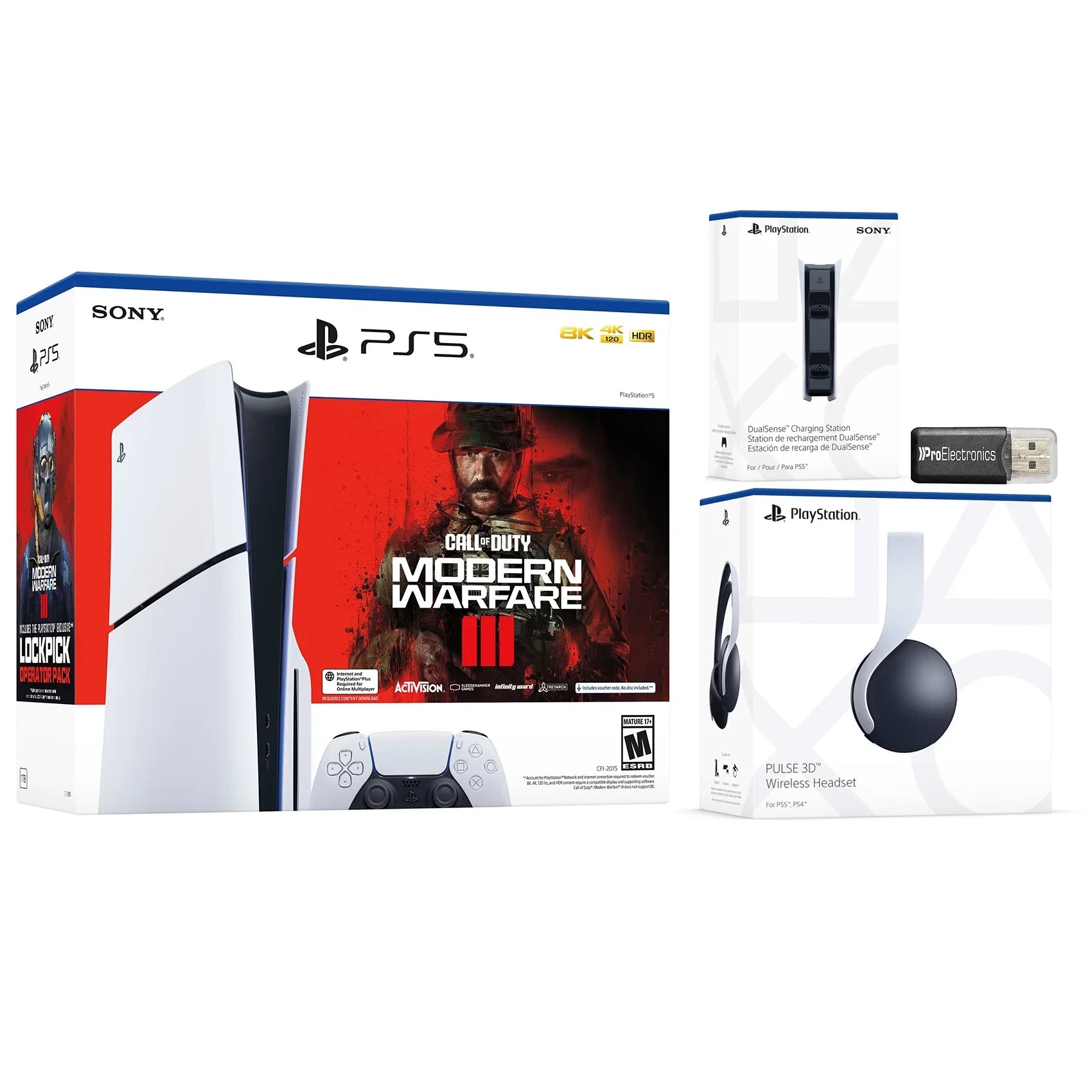 Sony PlayStation 5 Slim Disc Call of Duty Modern Warfare 3 Bundle with Black Pulse 3D Wireless Gaming Headset, Charging Station and USB MicroSD Card Reader