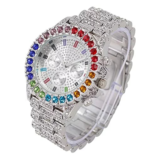 Charles Raymond Iced Out Mens Color on Blast Watch Single or Combo Sets with Blinged Out Bracelets Set. Iced Out Colourful Rainbow Flame Collection (ST10327CO-ZZ SLV)