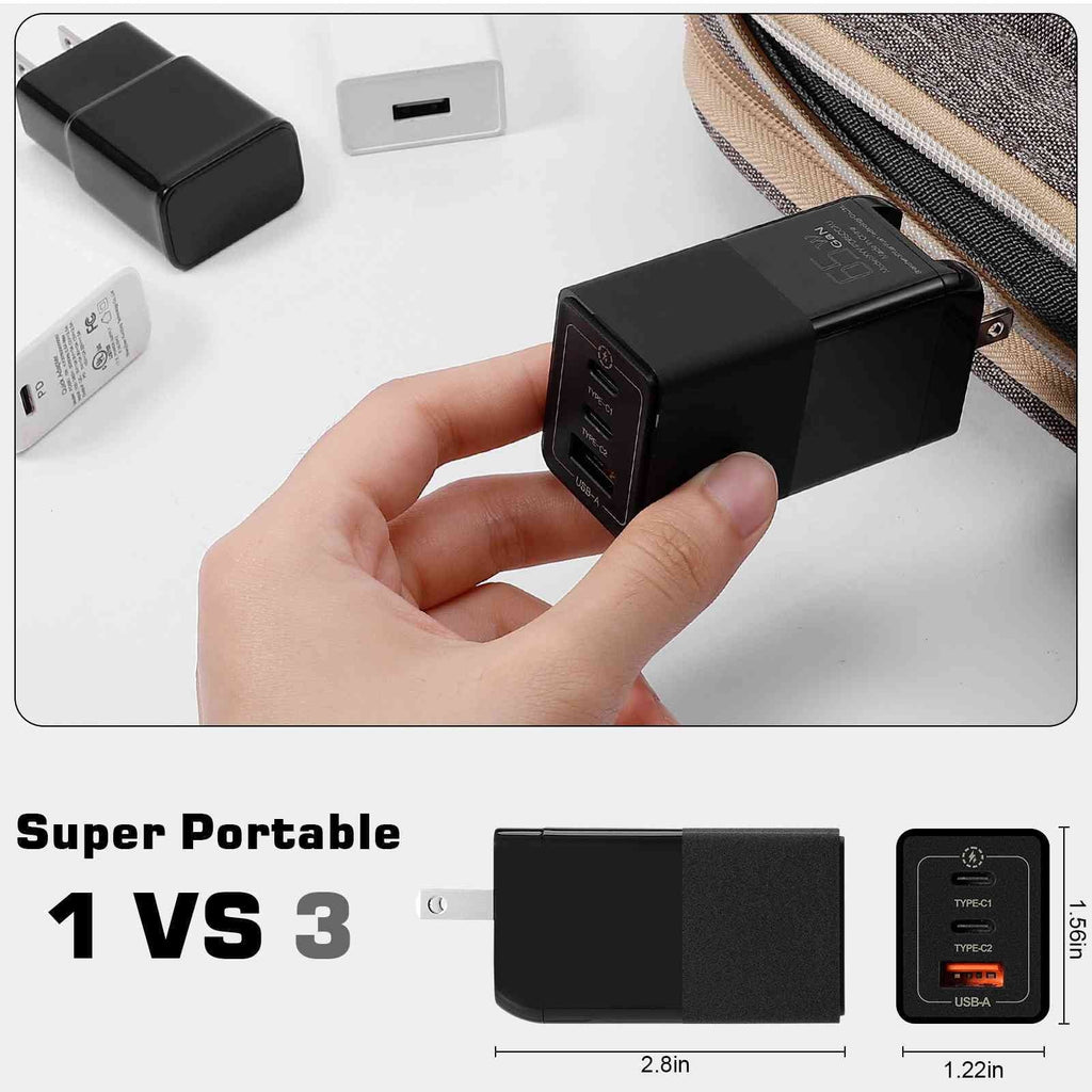 UrbanX 65W Fast Travel Charger with 3 Ports - USB & Dual USB-C - High-Speed Charging Compatible with Coolpad Cool S1, iPhone, Samsung Galaxy, Google Pixel, MacBook, Steam Deck, Laptops & Phones