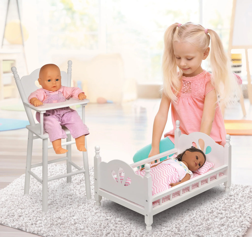 Badger Basket English Country High Chair and Bed with Bedding for 18 inch Dolls - White/Pink
