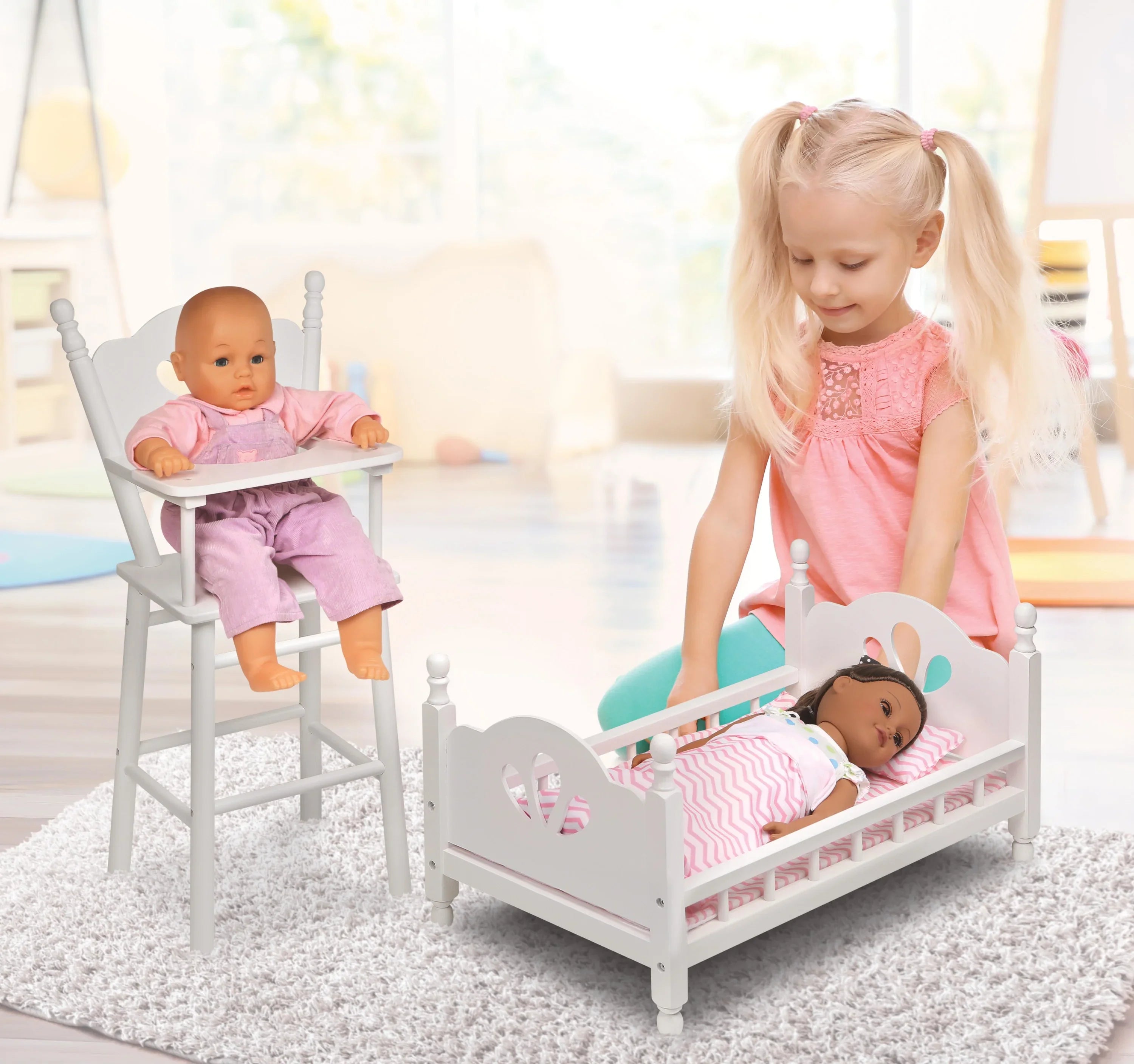 Badger Basket English Country High Chair and Bed with Bedding for 18 inch Dolls - White/Pink
