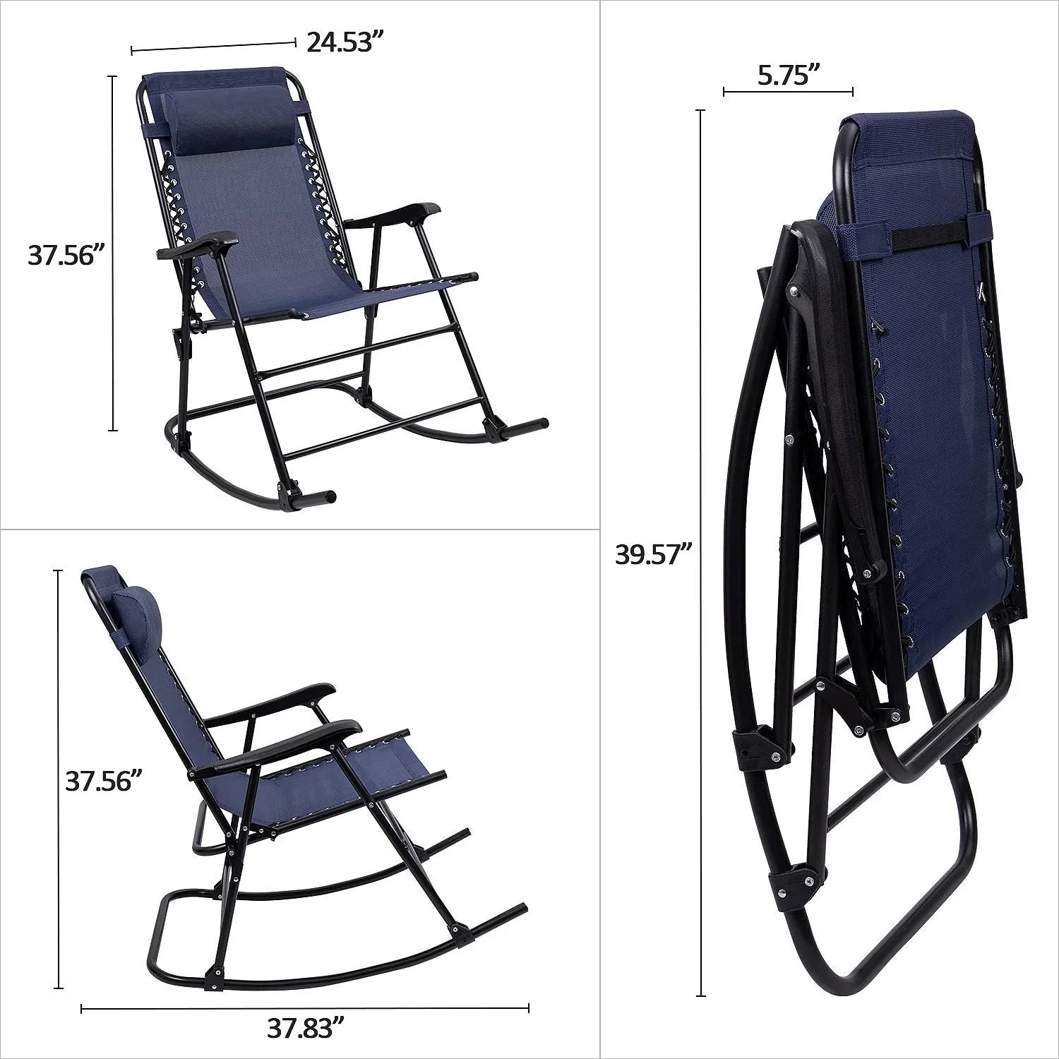 Patio Rocking Chair Outdoor Wide Recliner Portable Lounge Chair Folding With Headrest For Camping Fishing Beach Poolside(Blue)