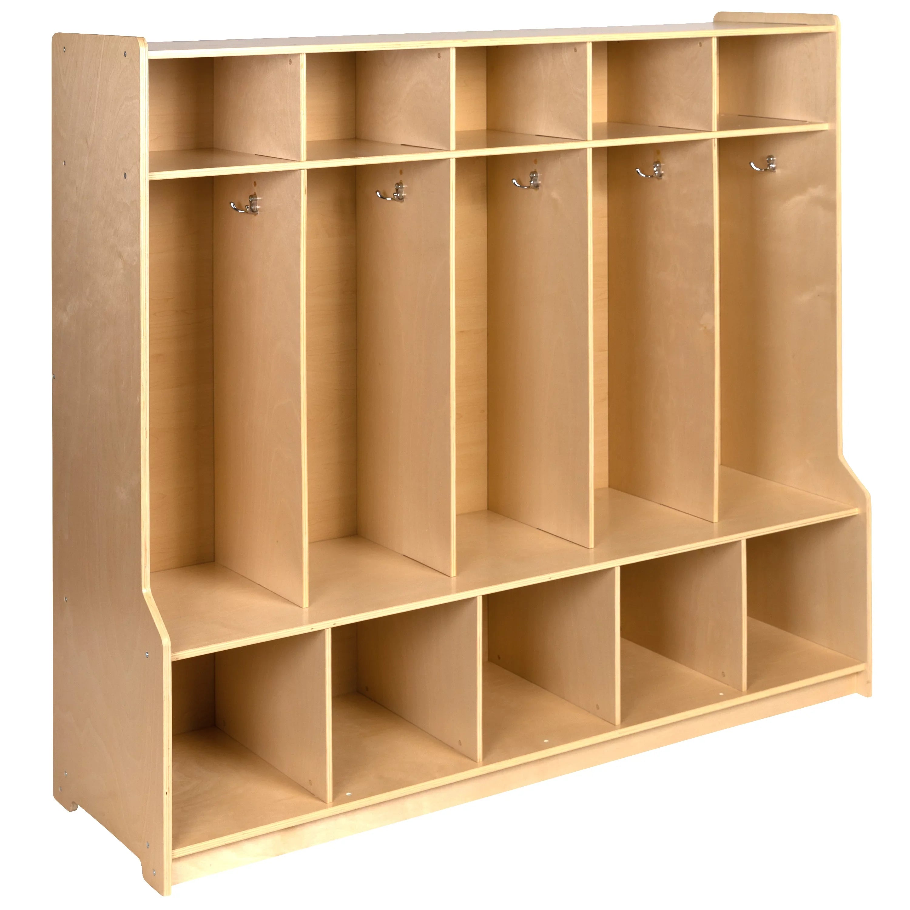 BizChair Wooden 5 Section School Coat Locker with Bench, Cubbies, and Storage Organizer Hook-Safe, Kid Friendly Design - 48"H x 48"L (Natural)