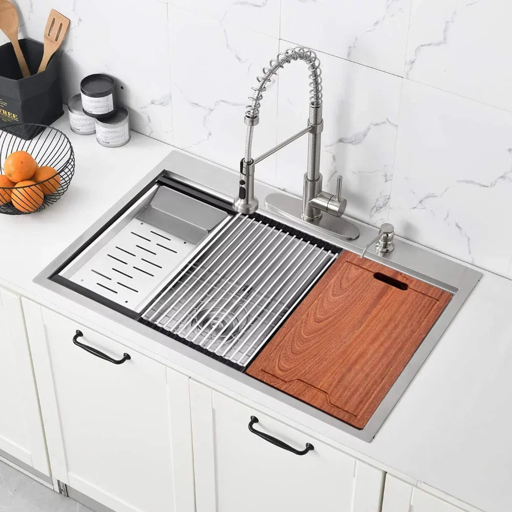 PROOX 30'' Single Bowl Stainless Steel Drop-In Kitchen Sink with 2 Faucet Holes
