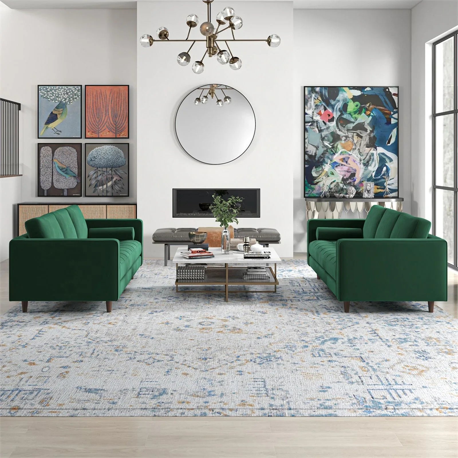 Tahir Mid-Century Pillow Back Velvet Sofa Set in Green