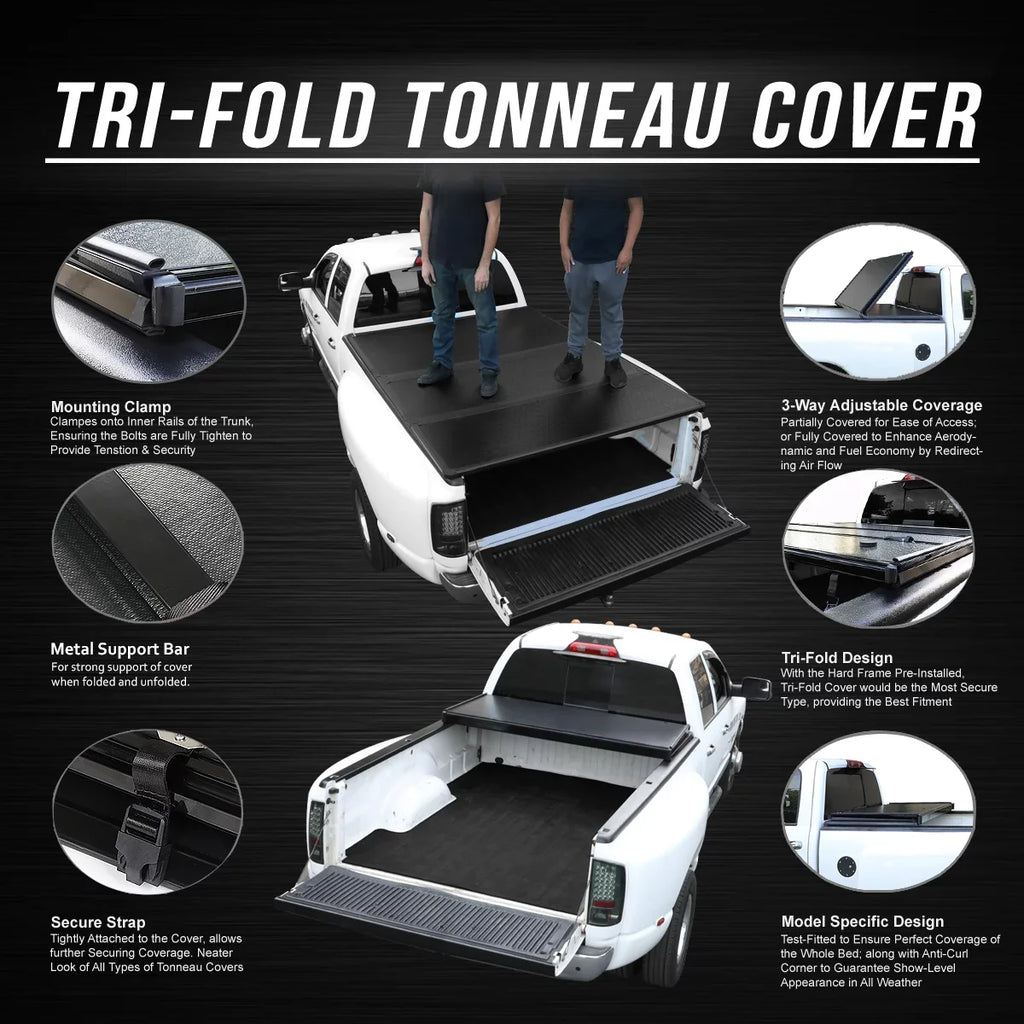 DNA Motoring TTC-HARD-028 For 2009 to 2022 Ram Truck 1500 / 3500 Fleetside 6.5Ft Short Bed Hard Solid Tri -Fold Tonneau Cover