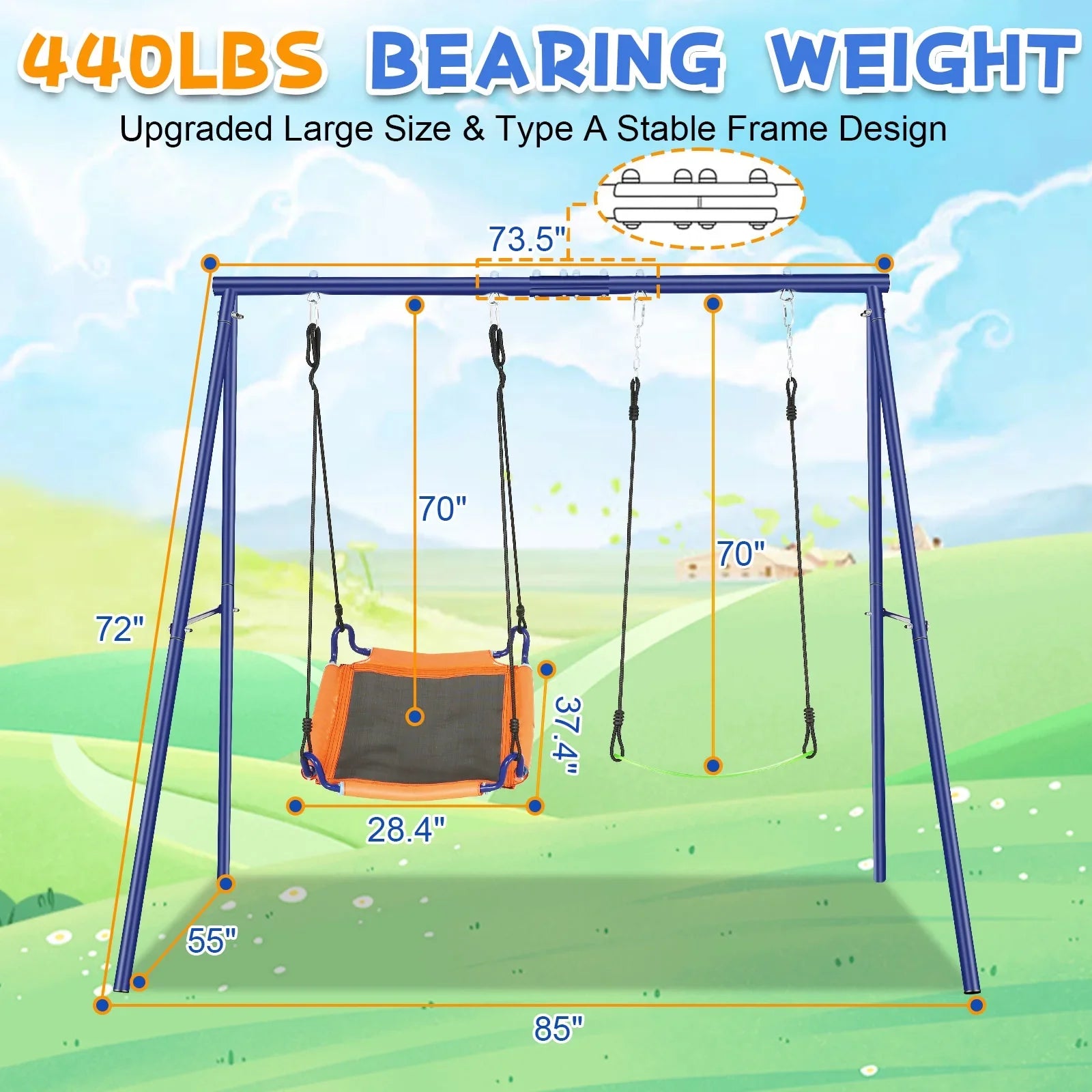 Qhomic 440lbs Swing Set for Backyards, 2-in-1 Outdoor Swing Set  with 1Saucer & 1Belt Swing Seat, Kids Swing Sets with Adjustable Swing Seat