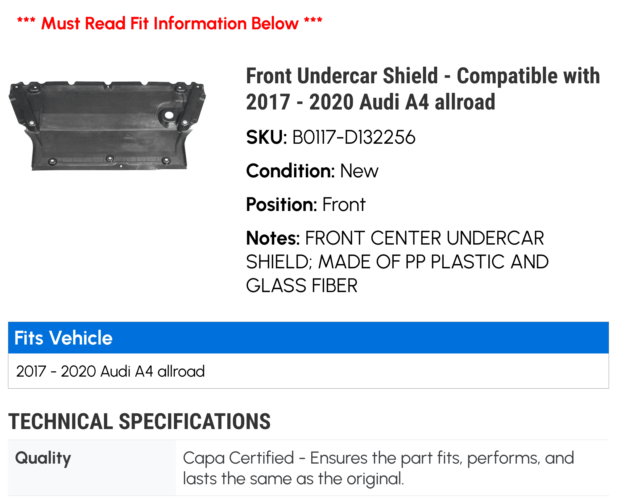 Front Undercar Shield - Compatible with 2017 - 2020 Audi A4 allroad 2018 2019