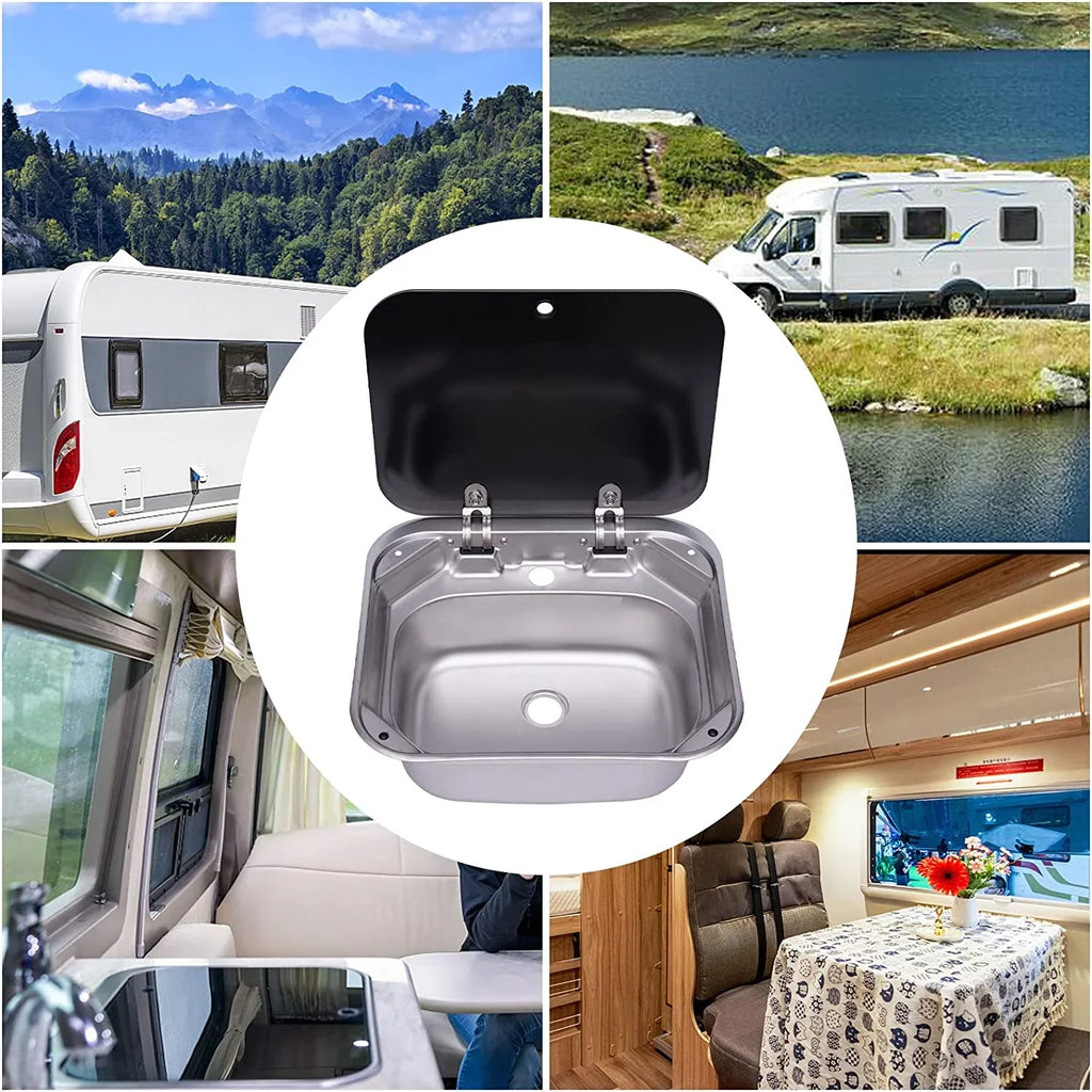 Miumaeov RV Kitchen Sink Stainless Steel Hand Wash Basin Sink With Tempered Glass Lid Outdoor RV Single Bowl Hand Wash Basin Sink For Caravan, Camper And Kitchen