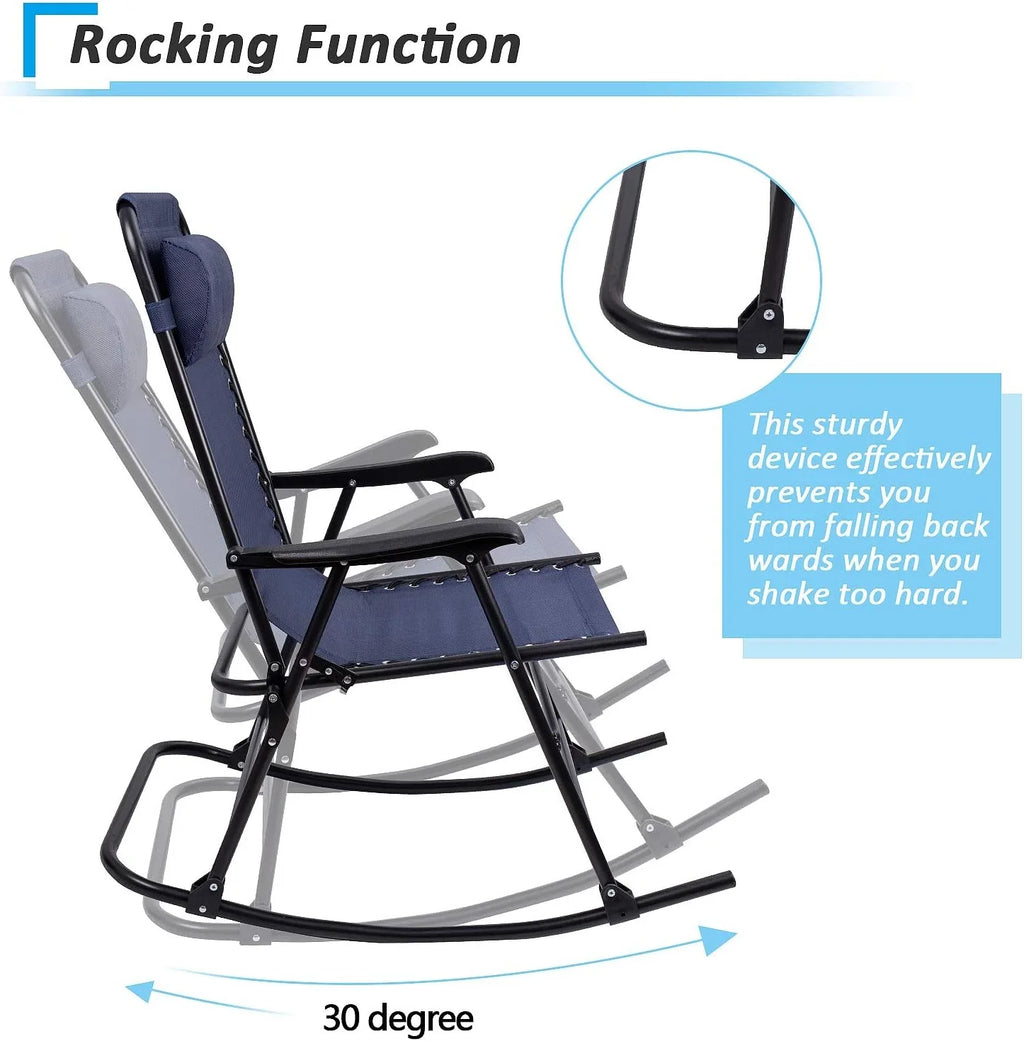 Patio Rocking Chair Outdoor Wide Recliner Portable Lounge Chair Folding With Headrest For Camping Fishing Beach Poolside(Blue)
