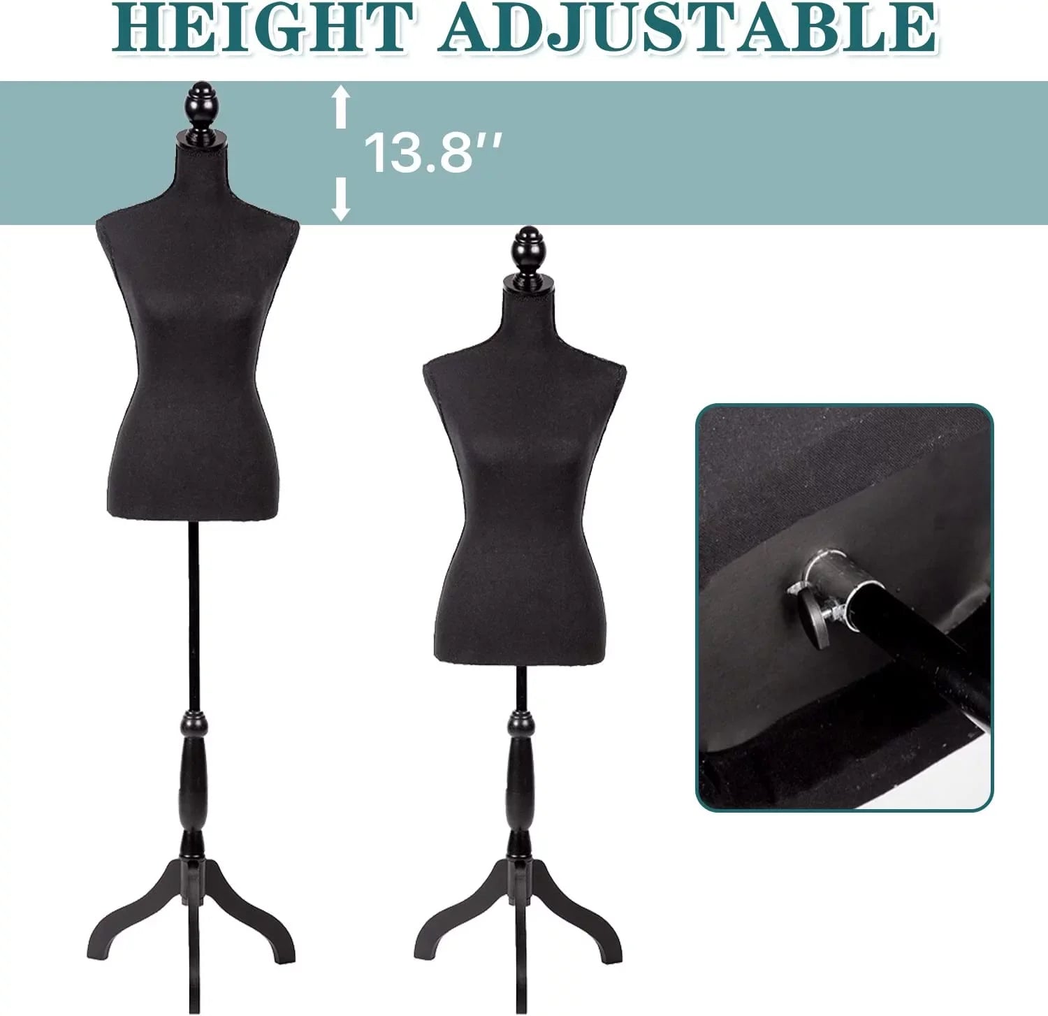 NiamVelo Female Mannequin Torso Dress Form 60-67 Inch Height Adjustable Body Model with Tripod Wooden Base, Black