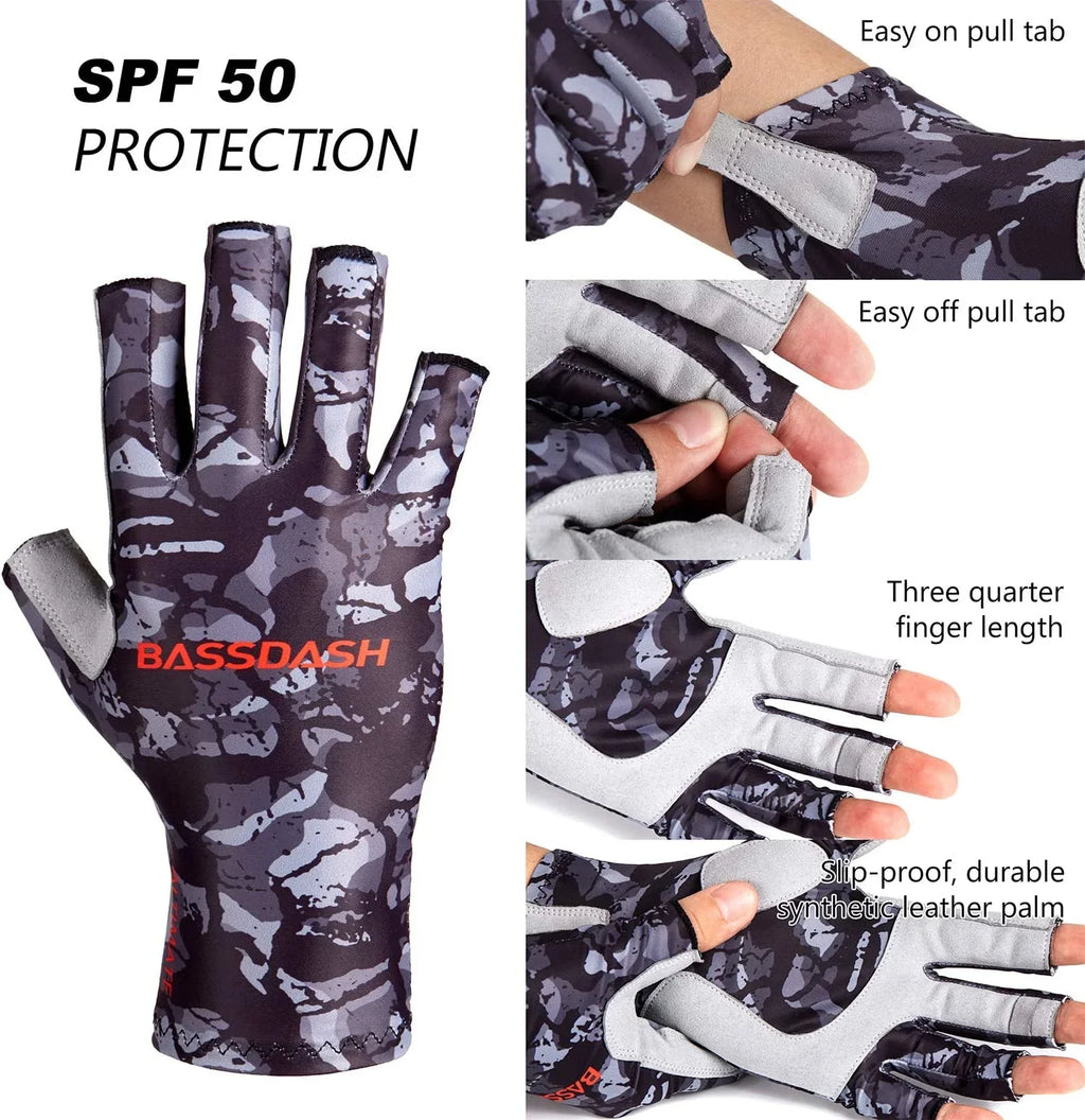 BASSDASH ALTIMATE Sun Protection Fingerless Hunting Fishing Gloves UPF 50+ Men s Women s UV Gloves for Kayaking Paddling Hiking Cycling Driving Shooting Training Black Camo X-Large
