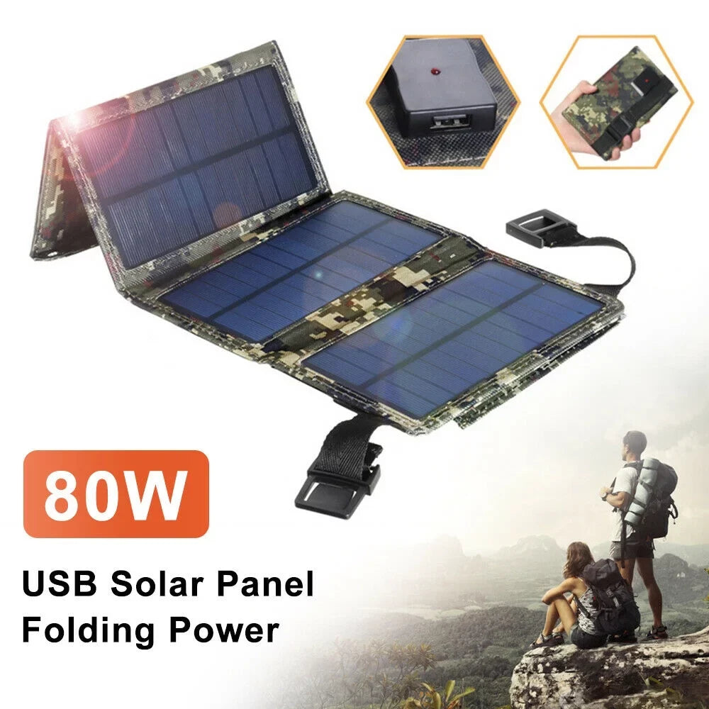 Paddsun 80W USB Solar Panel Folding Power Bank Outdoor Camping Hiking Phone Charger USA
