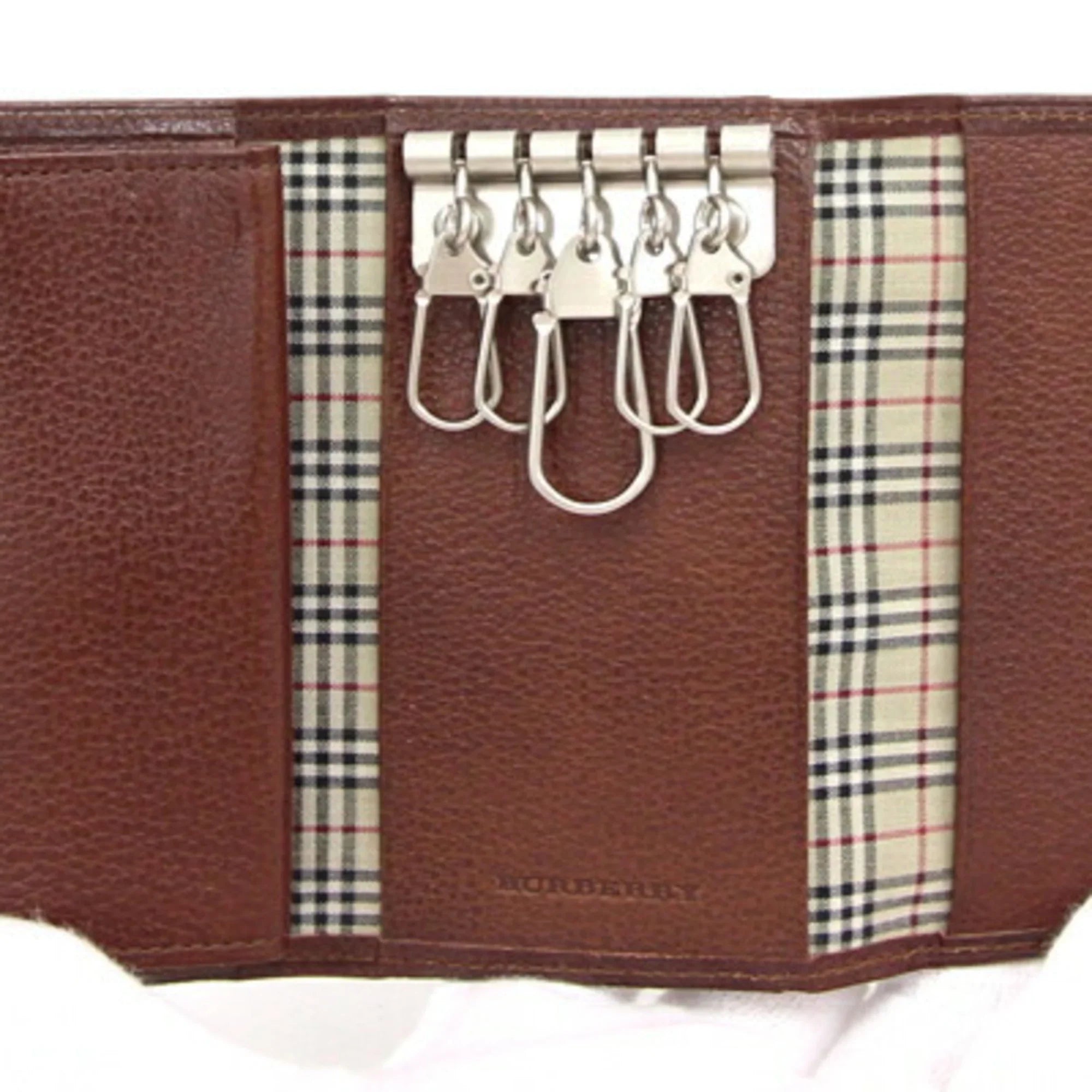 Pre-Owned Burberry 5 Key Case MS152 Dark Brown Leather Check Coin Holder BURBERRY (Good)