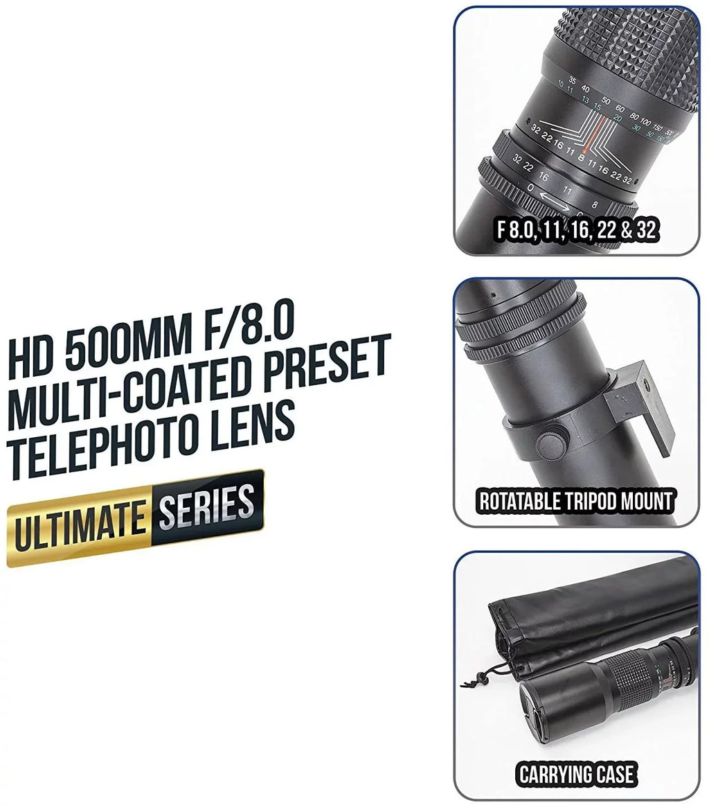 Ultimaxx 500mm/1000mm f/8 Multi-Coated Preset Telephoto Lens Includes Ultimaxx 2.0X Tele-Converter + T-Mount Adapter for Canon EF Mount & Microfiber Cleaning Cloth - Compatible with SLR/DSLR Cameras