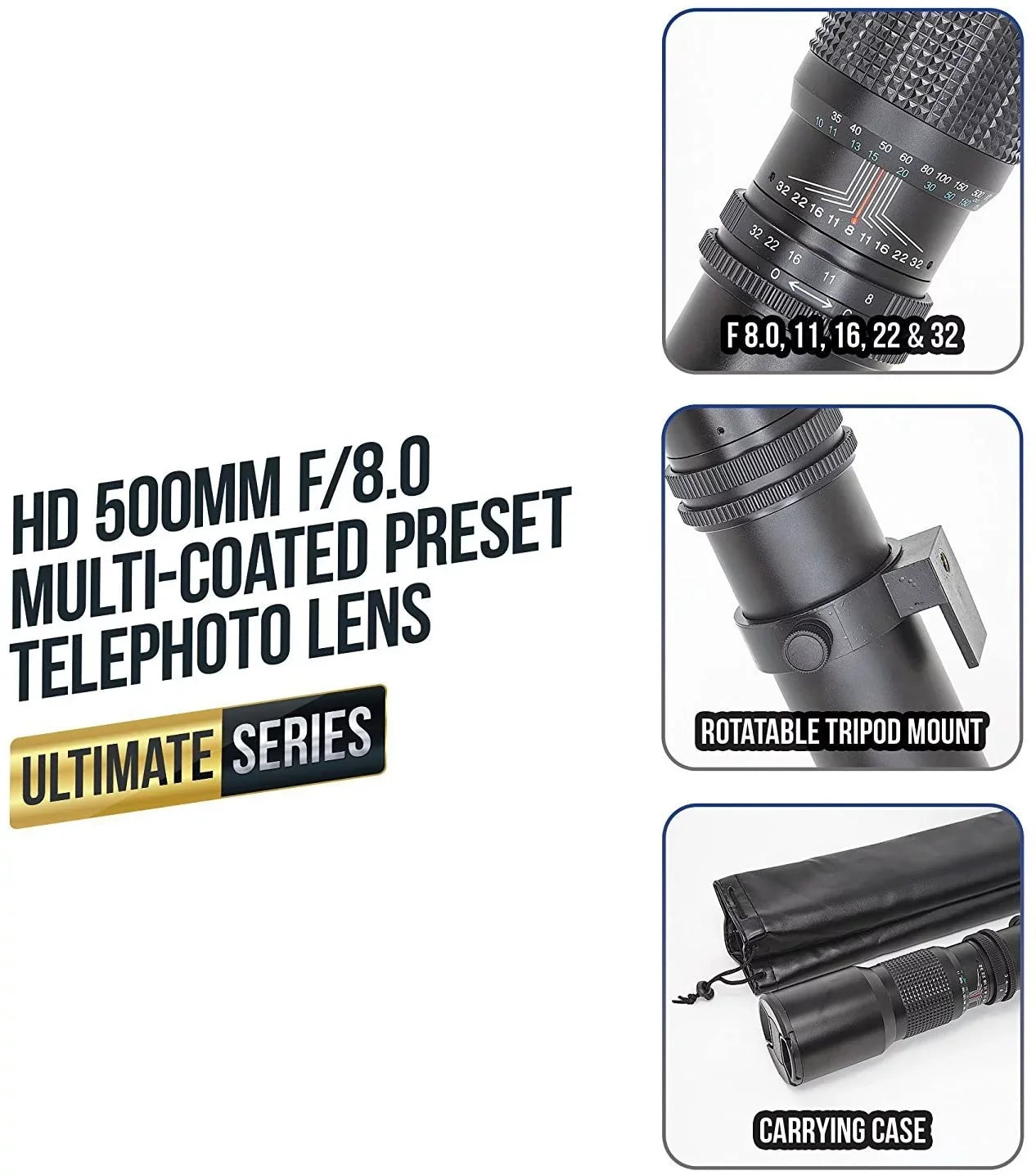 Ultimaxx 500mm/1000mm f/8 Multi-Coated Preset Telephoto Lens Includes Ultimaxx 2.0X Tele-Converter + T-Mount Adapter for Canon EF Mount & Microfiber Cleaning Cloth - Compatible with SLR/DSLR Cameras
