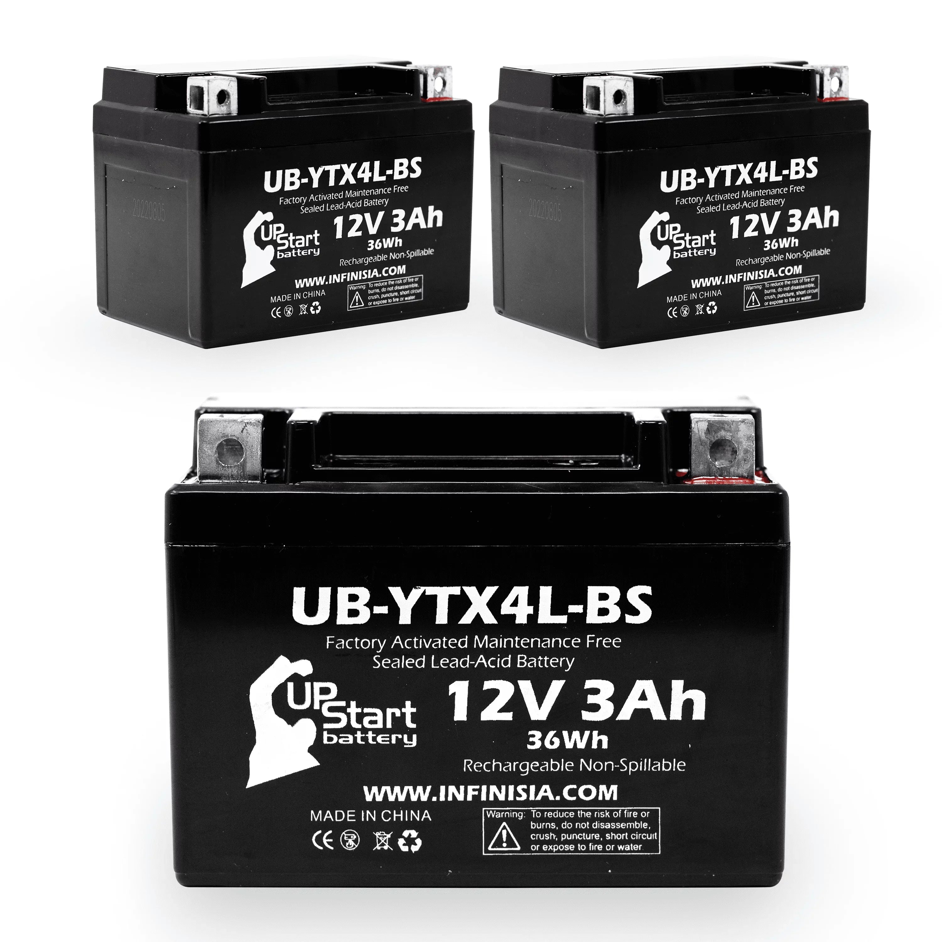 3-Pack UpStart Battery Replacement for 2002 Bombardier (Can-Am) DS90, DS90F, Quest 90CC Factory Activated, Maintenance Free, ATV Battery - 12V, 3Ah, UB-YTX4L-BS