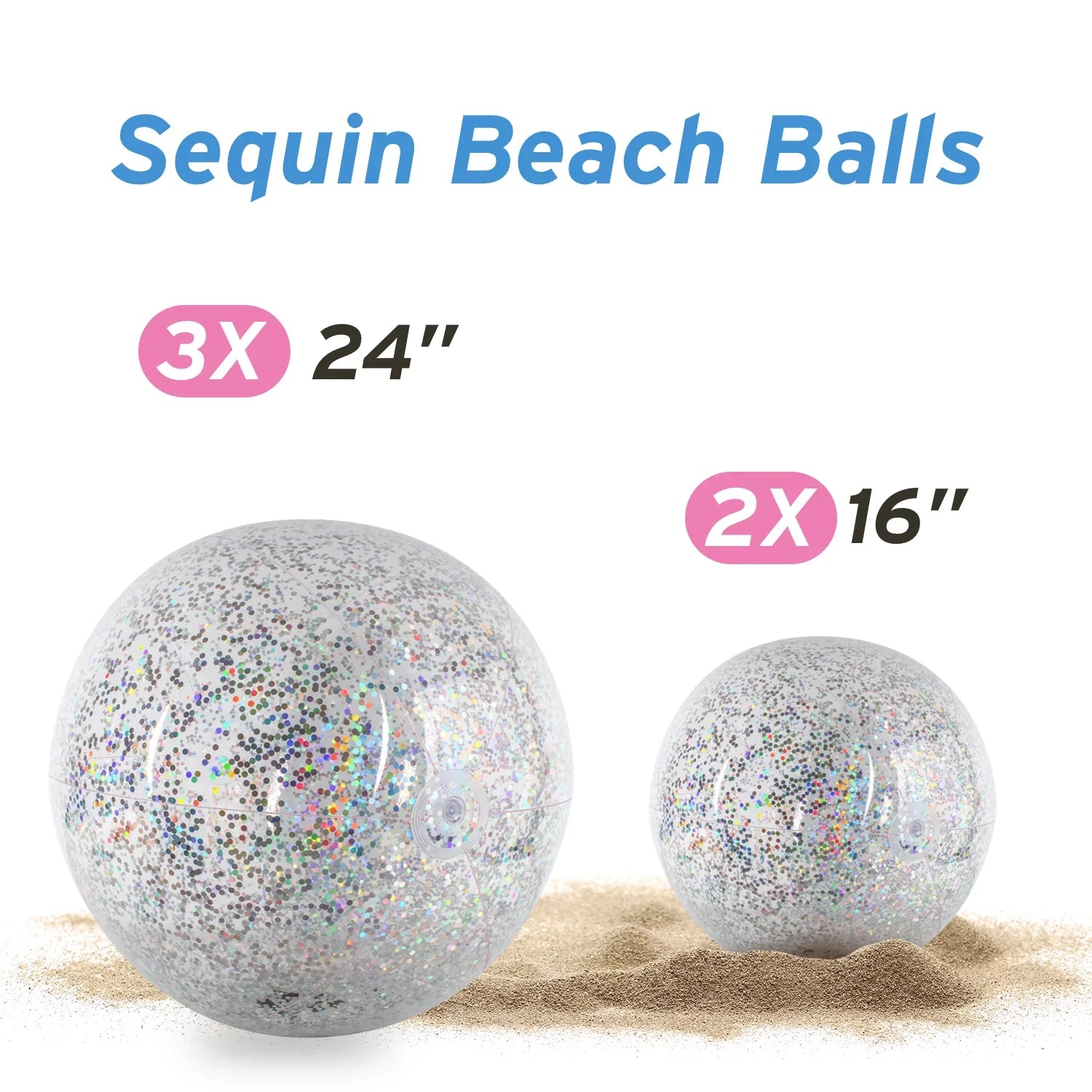 Junipel InfLatitudeable Beach Glitter Ball with Confetti 16 & 24 Inch Premium Beach Theme Water Sand Toy for Beach Party Decoration, Pool Party Supplies Summer Beach Balls -Set of 6 |