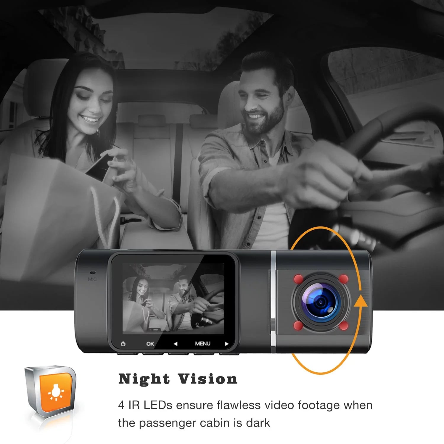 TOGUARD Black Dash Cam FHD 1080P Front and HD 720P Inside, IR Night Vision Car Camera