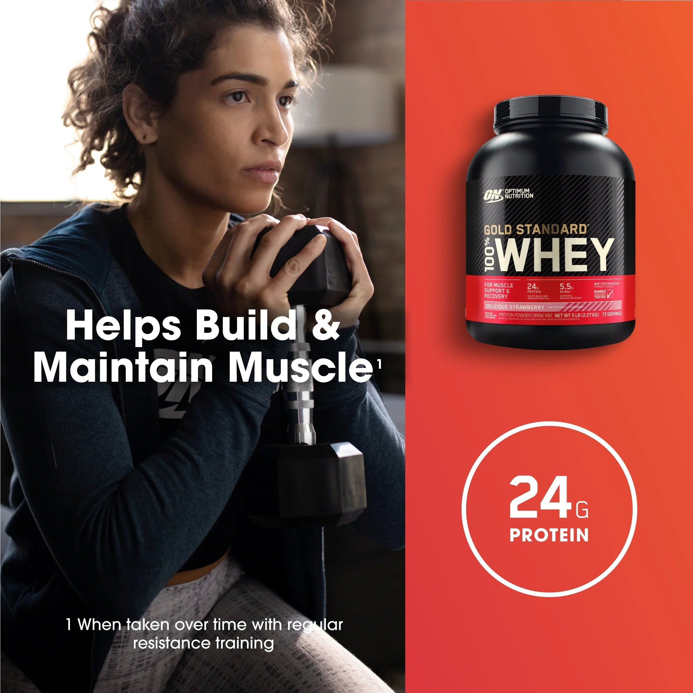 Optimum Nutrition, Gold Standard 100% Whey Protein Powder, Delicious Strawberry, 5 lb, 73 Servings