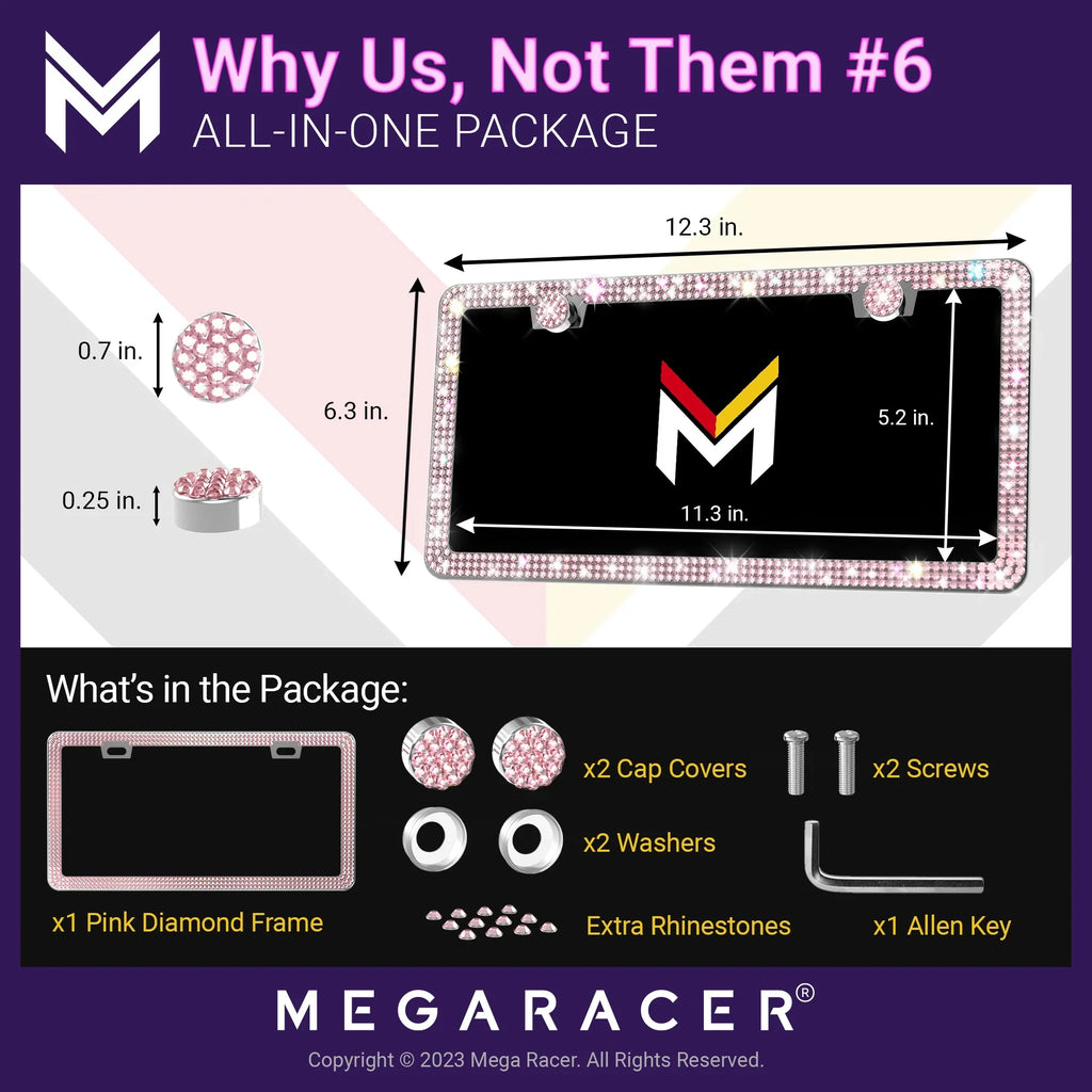 Mega Racer Nissan Rogue Bling License PLatitudee Frames Diamond Pink Rhinestones, 2 Holes with Mounting Screws, Nissan Rogue 2008 - 2023 08 - 23 Sparkly Car License PLatitudee Frame