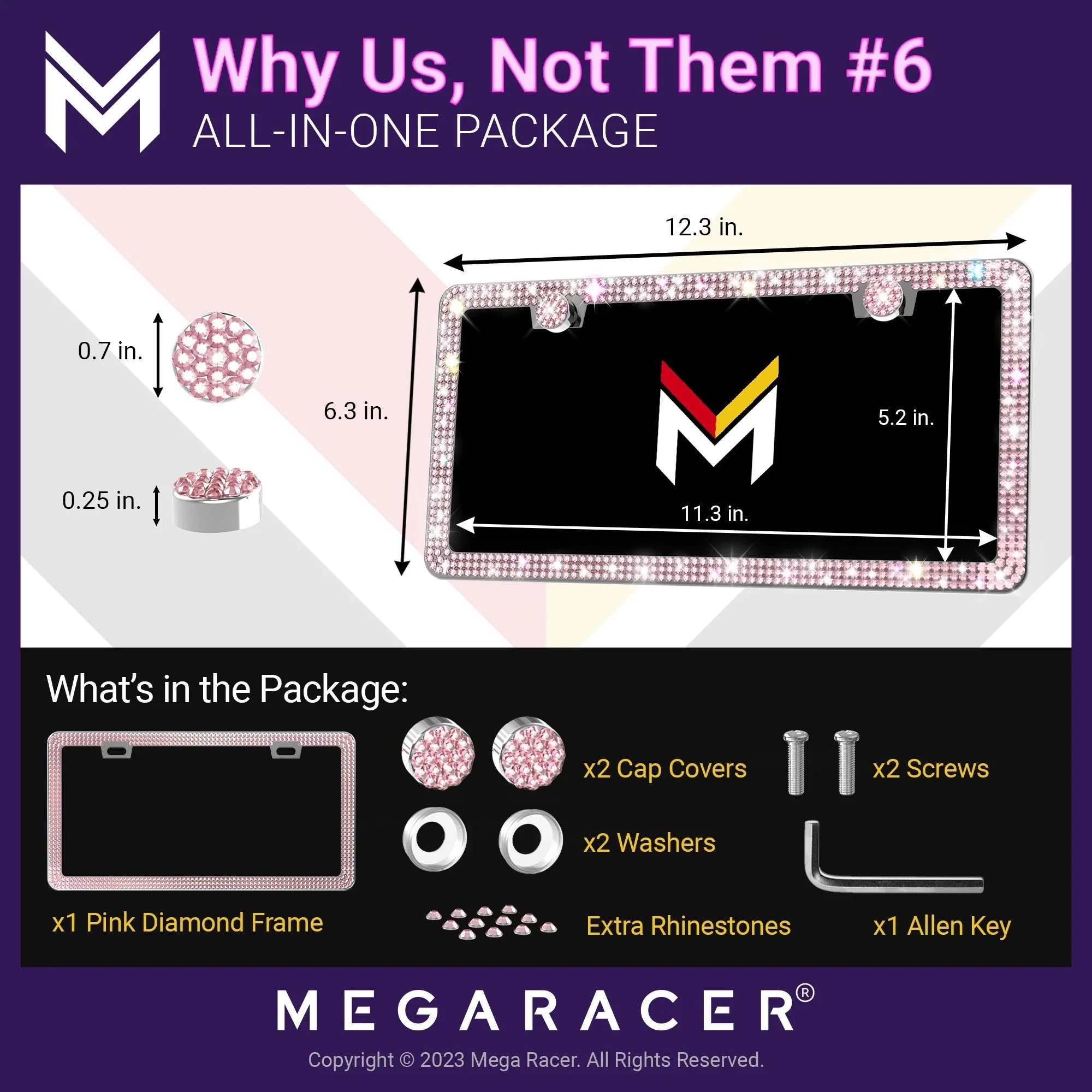 Mega Racer Nissan Rogue Bling License PLatitudee Frames Diamond Pink Rhinestones, 2 Holes with Mounting Screws, Nissan Rogue 2008 - 2023 08 - 23 Sparkly Car License PLatitudee Frame