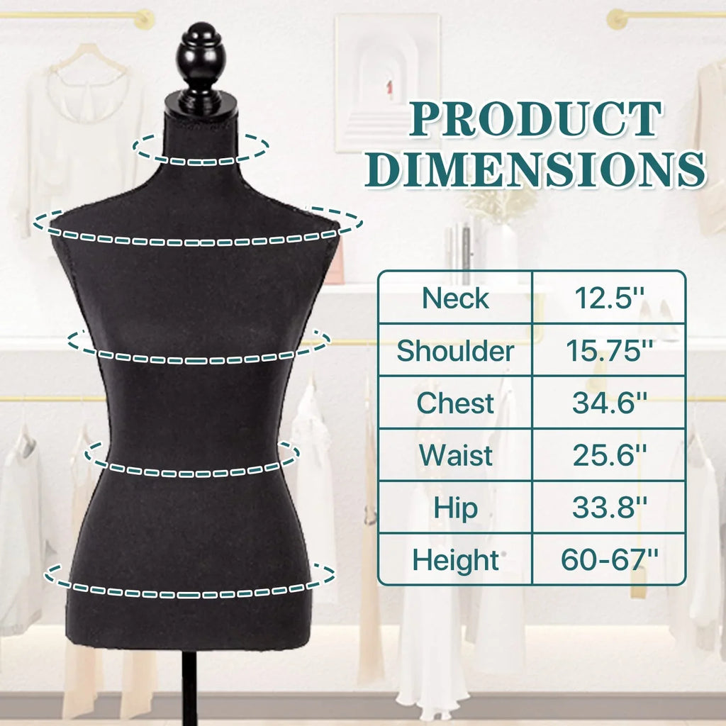 NiamVelo Female Mannequin Torso Dress Form 60-67 Inch Height Adjustable Body Model with Tripod Wooden Base, Black