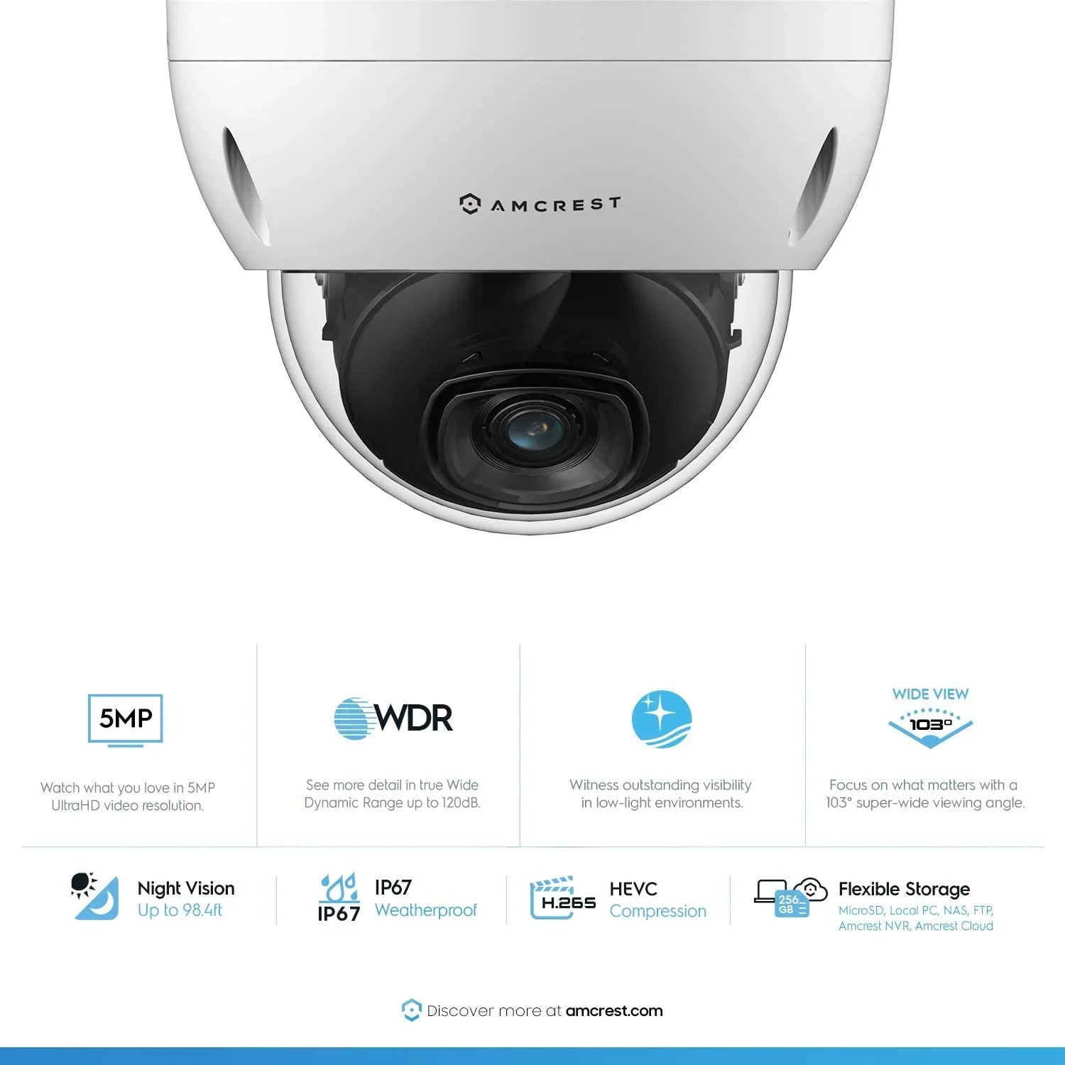 Amcrest 5MP POE Camera, Outdoor Vandal Dome Security POE IP Camera, 5-Megapixel, 98ft. Night Vision, 2.8mm Lens, IP67, IK10 Resistance, Cloud, NVR (IP5M-D1188EW-28MM)