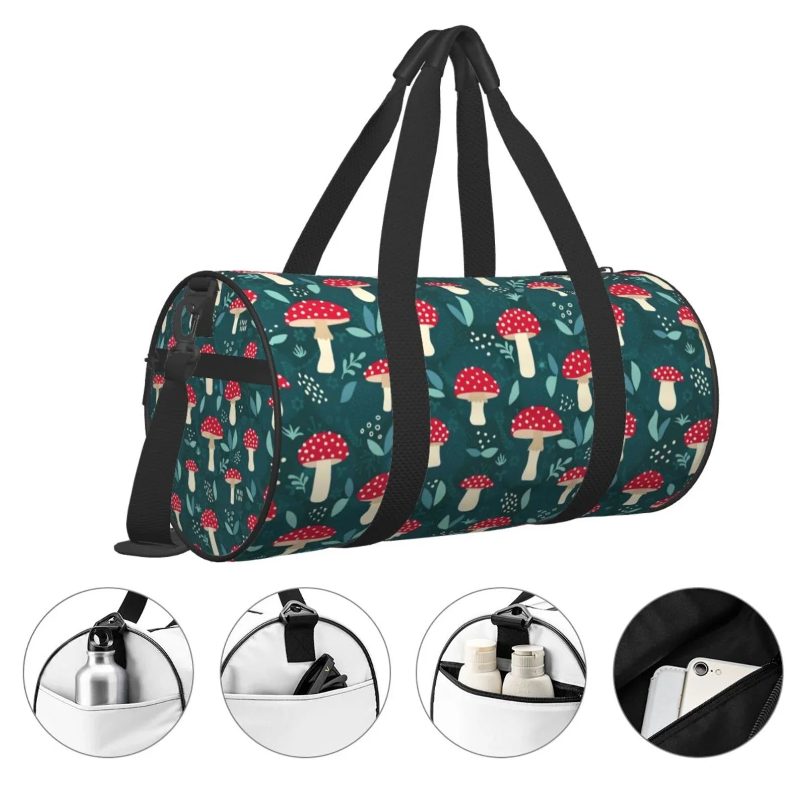 Coaee Amanita Mushroom Large Capacity Travel Luggage Bag Cylinder Gym Bag Waterproof Sports Bag with Pocket and Compartment