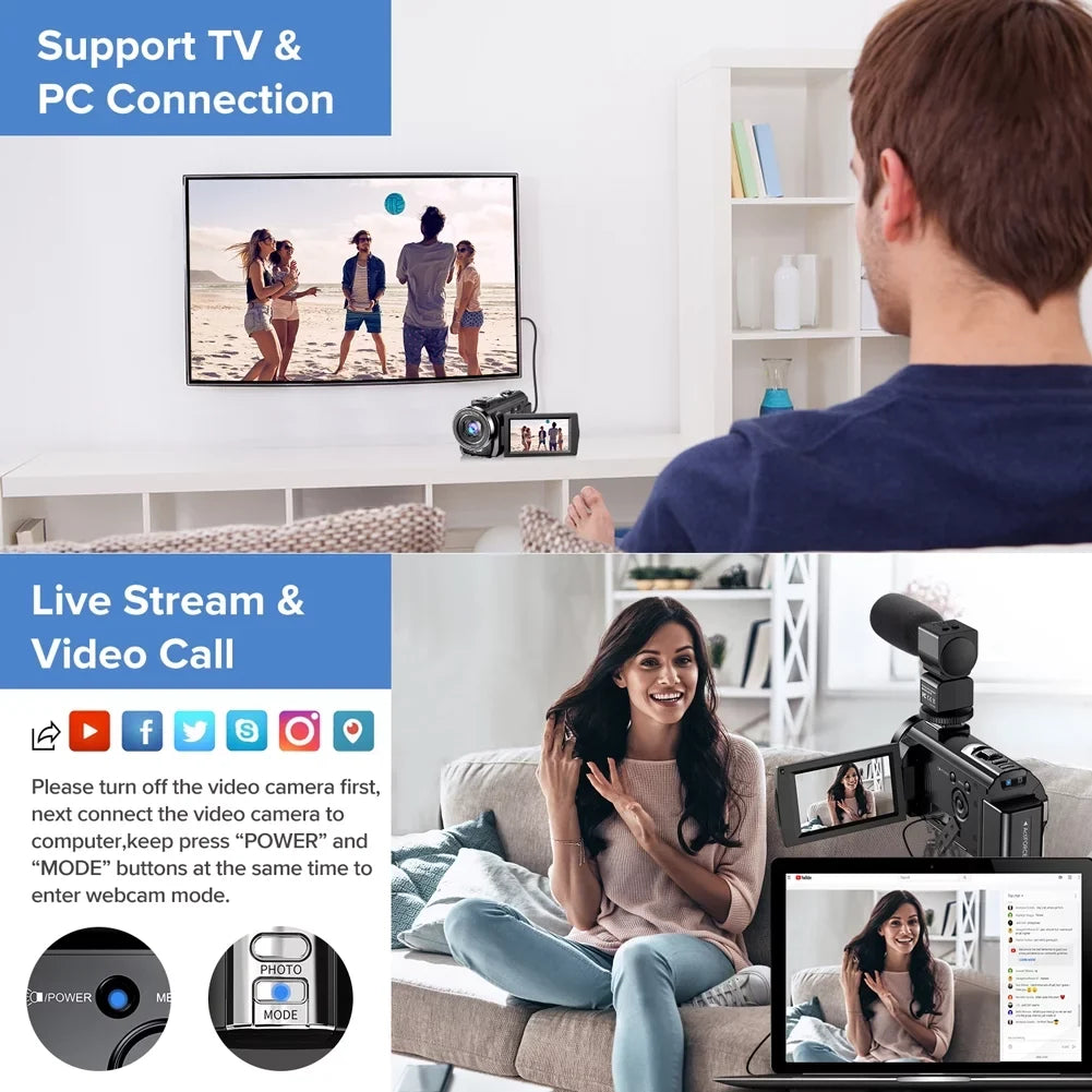 Video Camera Camcorder YouTube Vlogging Camera FHD 1080P 30FPS 24MP 16X Digital Zoom 3" LCD 270 Degrees Rotatable Screen Digital Camera Recorder with Microphone,Remote Control,2 Batteries