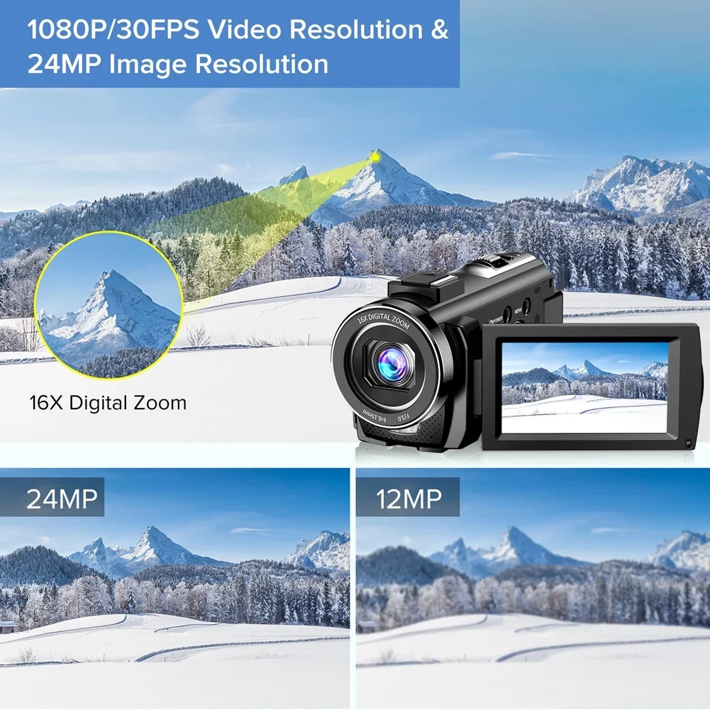 Video Camera Camcorder YouTube Vlogging Camera FHD 1080P 30FPS 24MP 16X Digital Zoom 3" LCD 270 Degrees Rotatable Screen Digital Camera Recorder with Microphone,Remote Control,2 Batteries