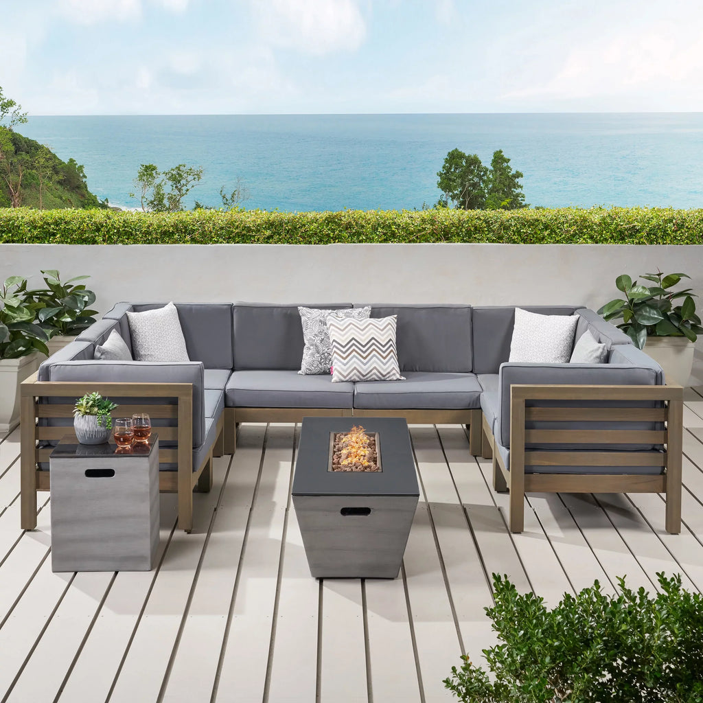 Kolten Outdoor Modern 8 Seater Acacia Wood Sectional Sofa Set with Fire Pit and Tank Holder, Gray, Dark Gray, Gloss Black,