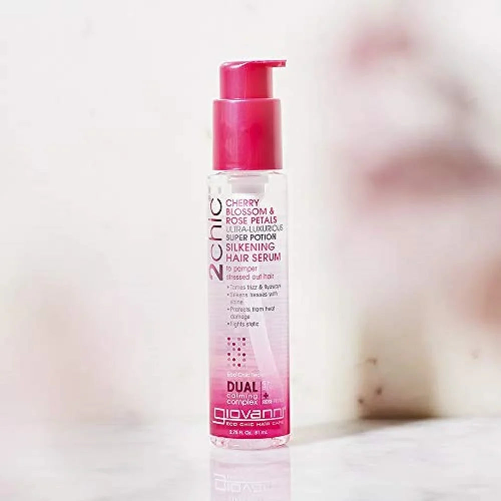GIOVANNI 2chic Ultra Luxurious Super Potion Silkening Hair Serum, 4 oz. Cherry Blossom & Rose Petals, Aloe Vera, Pro-Vitamin B5, Smooths Curly & Wavy Hair, Paraben Free, Color Safe (Pack of 3)