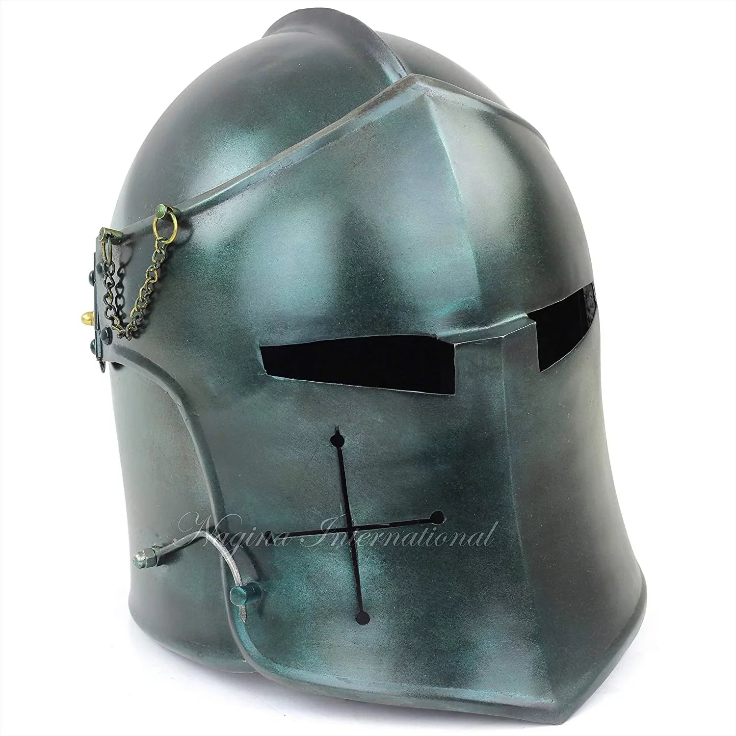 Nagina International Medieval Barbuta Visored Brushed Steel Knights Armory Templar Crusader's Helmet | Props & Costumes Helm for Larpers (Army Green)