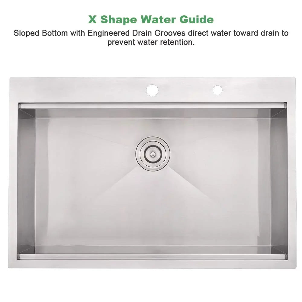 PROOX 30'' Single Bowl Stainless Steel Drop-In Kitchen Sink with 2 Faucet Holes