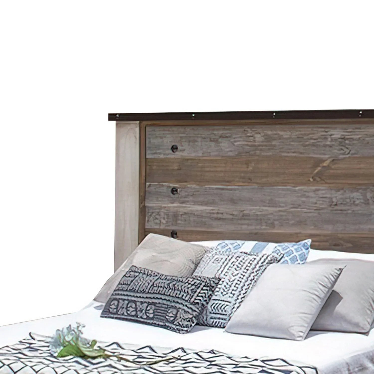Benjara Fena King Size Bed, Round Black Nailheads, Distressed Wood Multicolor Brown