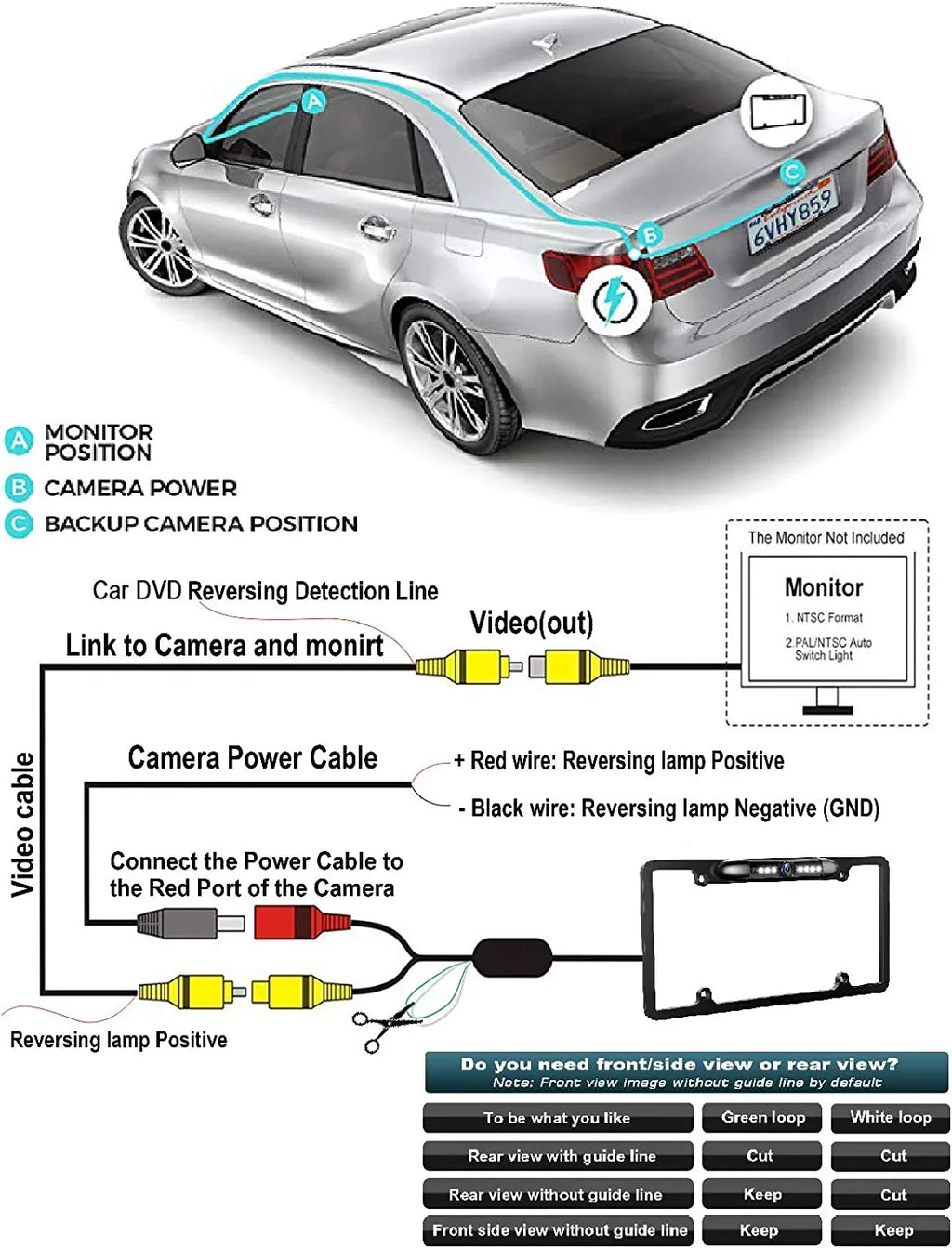 Backup Camera Rearview License PLatitudee Frame for Jensen CAR8000 Black