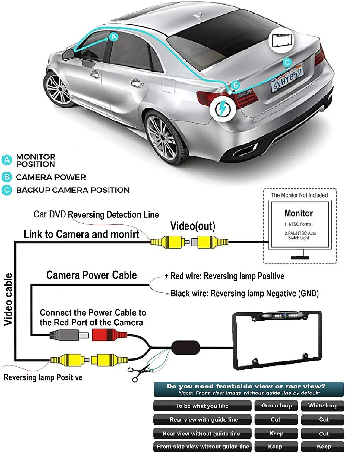Backup Camera Rearview License PLatitudee Frame for Jensen CAR8000 Black