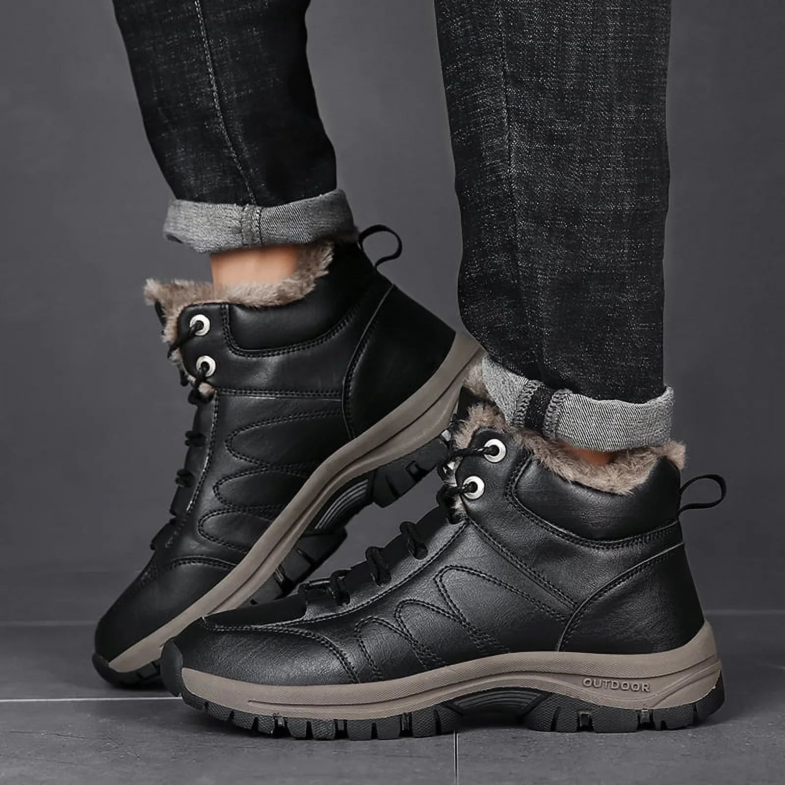 Lopsie Men's Snow Boots Waterproof Genuine Leather Hiking Outdoor Work Boots Black/Brown Size 11