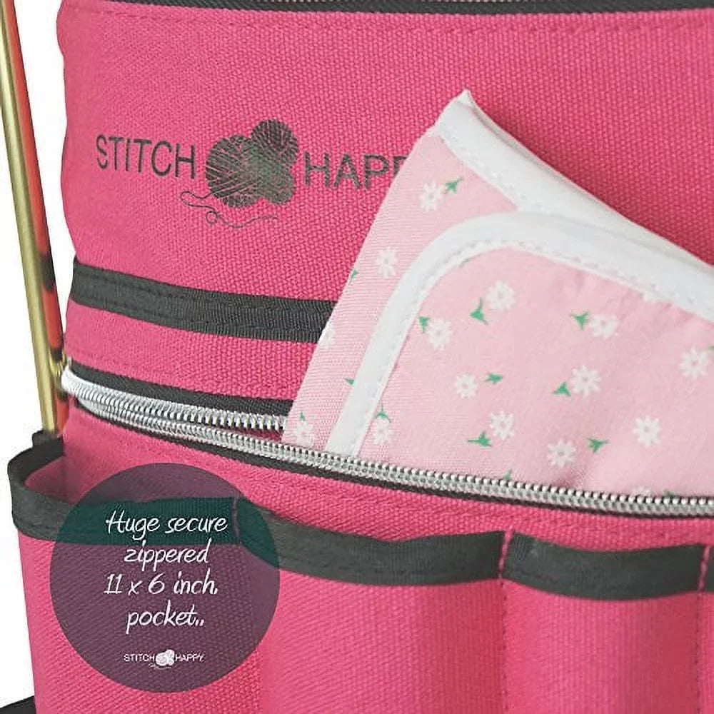 Knitting Bag - Yarn Tote Organizer w/Tool Case, 7 Pockets + Divider for Extra Storage of Projects, Supplies & Crochet (Fuchsia) by Stitch Happy