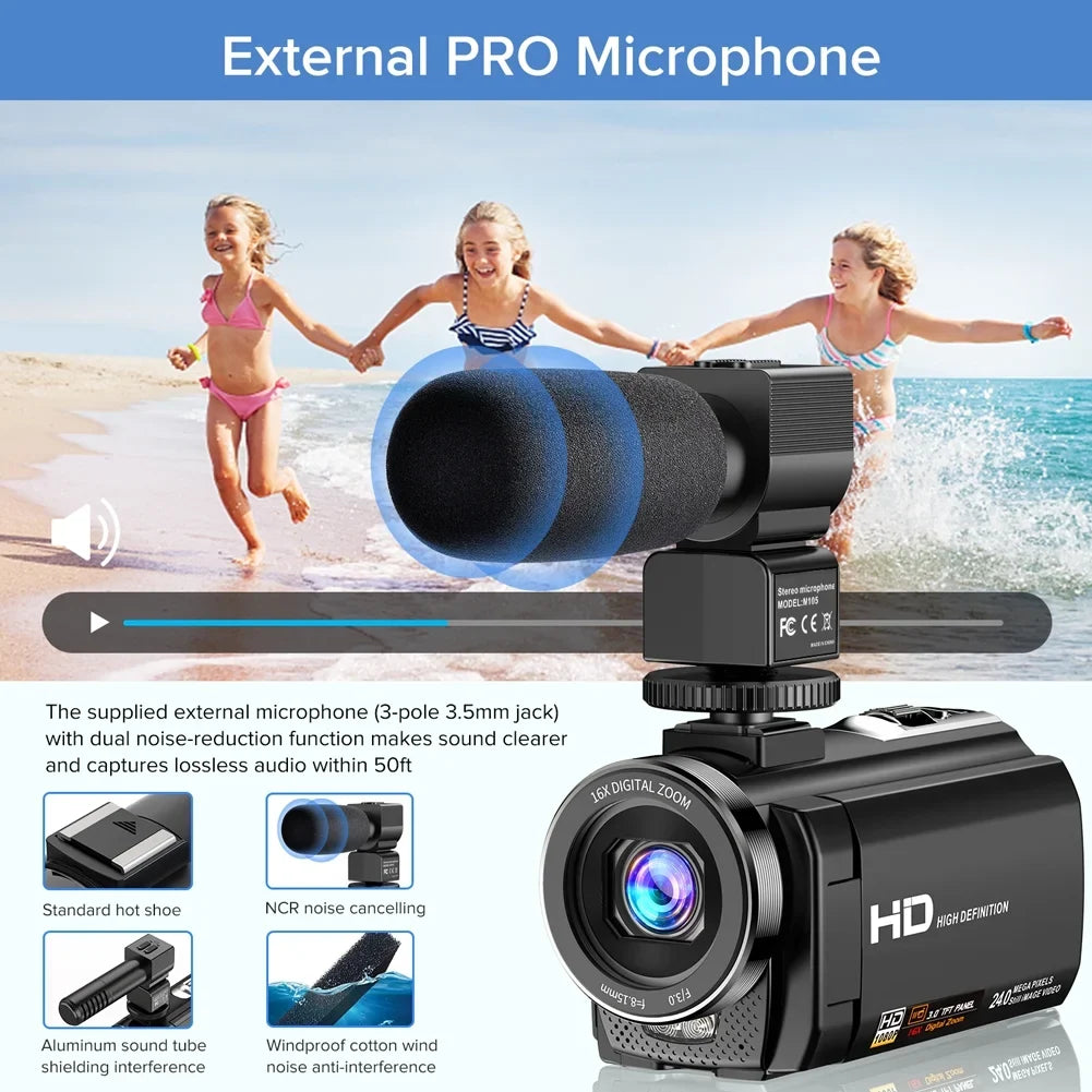Video Camera Camcorder YouTube Vlogging Camera FHD 1080P 30FPS 24MP 16X Digital Zoom 3" LCD 270 Degrees Rotatable Screen Digital Camera Recorder with Microphone,Remote Control,2 Batteries