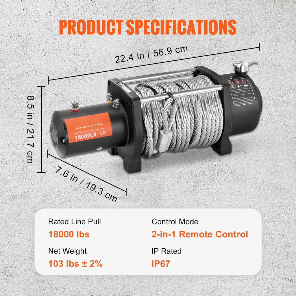 BENTISM Electric Winch, 12V 18,000 lb Load Capacity Steel Rope Winch, IP67 85ft ATV Winch with Wireless Handheld Remote