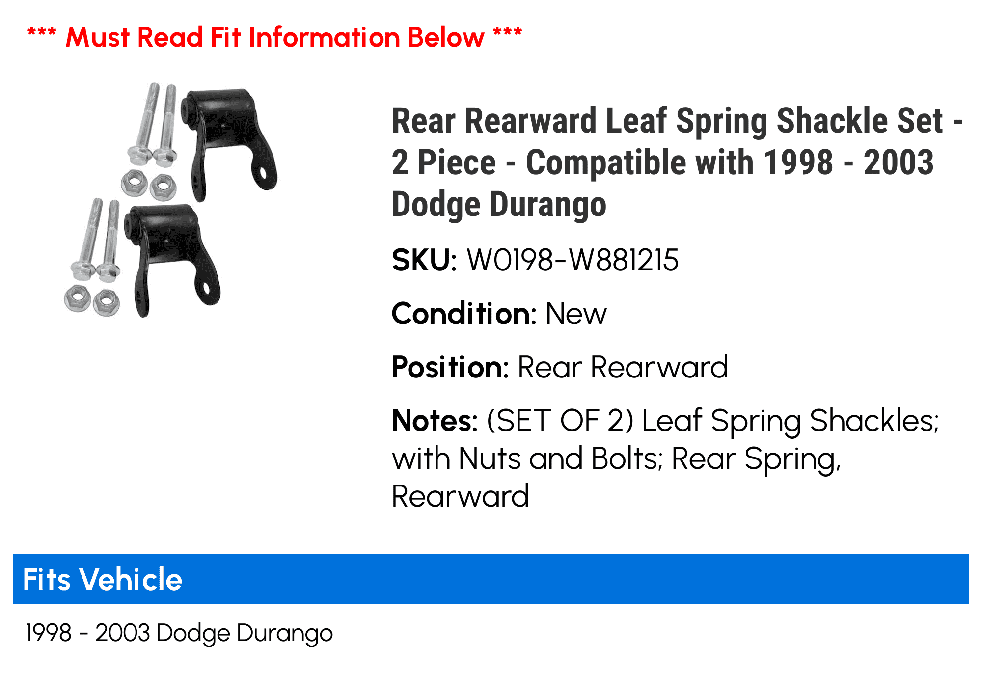 Rear Rearward Leaf Spring Shackle Set - 2 Piece - Compatible with 1998 - 2003 Dodge Durango 1999 2000 2001 2002